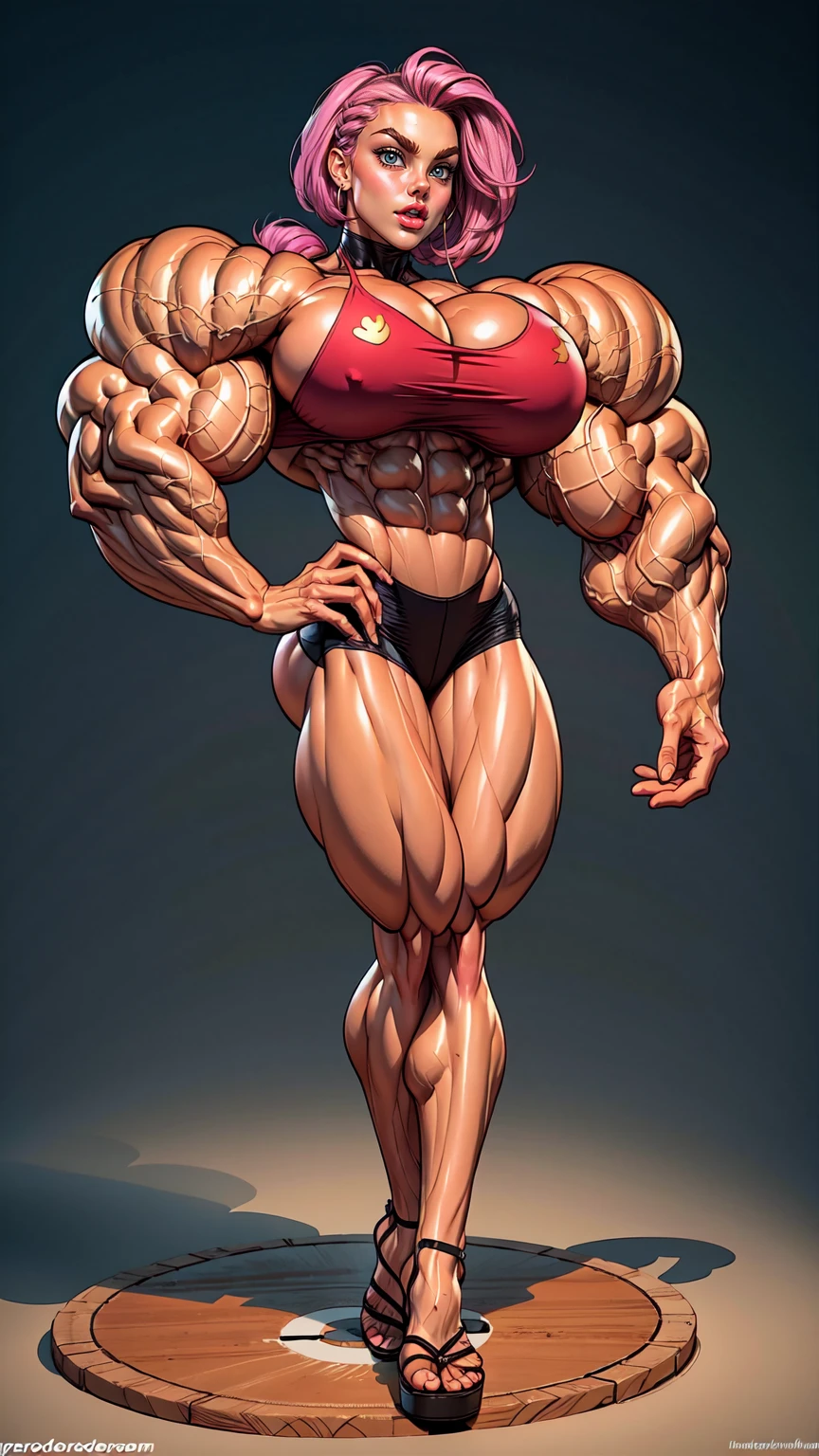 (1 girl), (cara delevingne), young girl, muscular masculine physique, seductive face, seductive look, long pink hair, perfect muscular body, super skinny legs, (naked:1.25), exposed vagina, (huge muscular arms:1.45),