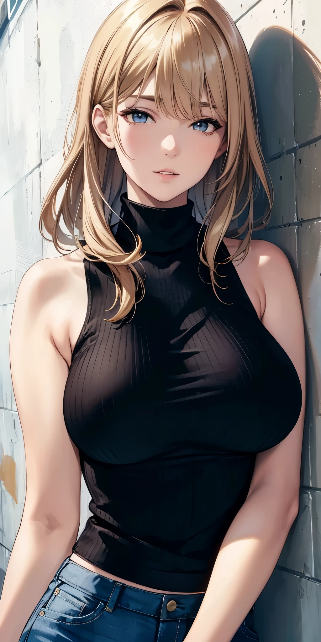 (best quality, highres), portrait, upper body, cool type adult woman, long hair, swept-side bangs, [[[brown hair]]], blonde hair, brown eyes, turtle neck tank top, big breast, plain wall, ultra detailed cg,
 