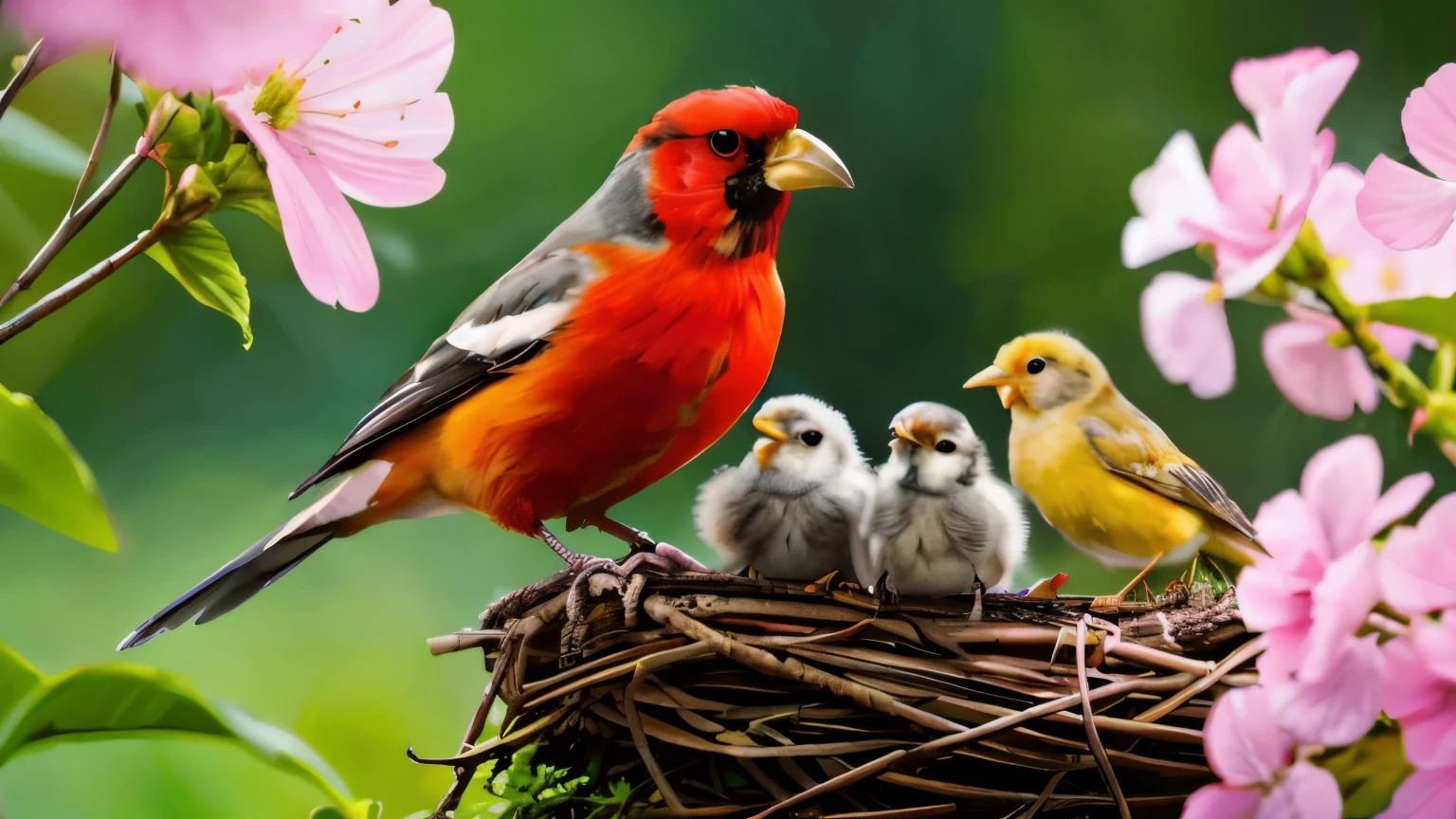 there are three birds sitting on a nest with pink flowers, colorful birds, with chicks, family portrait, happy family, nature photo, beautiful nature, family photo, in a nest, wildlife photo, butterflies and birds, harmony of nature, birds and butterflies, breeding, afternoon hangout, vibrant and vivid, incredibly beautiful, beautiful composition, insects and birds