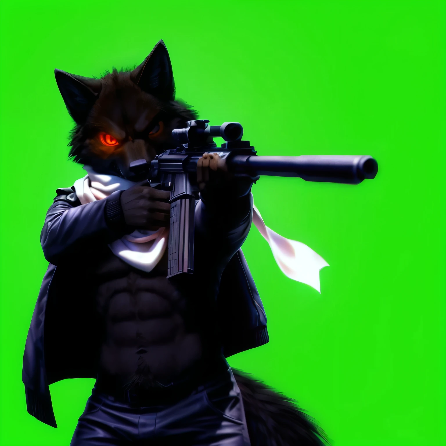 A black furry anthropomorphic wolf wearing a black jacket, black pants, with its chest muscles exposed, holding an assault rifle with both hands, its head slightly tilted to the left, (its left eye aimed at the target, with sharp, detailed, glowing red(An intense and angry predator eye with sharp features, glowing orange. Surrounding the eye are brown fur. The iris is orange with a red pupil, and within the red pupil, there's a sharp black shape resembling a slightly thick needle. The eye is facing to the right)), angry, and serious expressions, its right eye closed, the assault rifle tilted to the right, its body facing left from the shoulders down, a half-body portrait, in HD quality, 4k quality, (with detailed fur, light, and shadow. Additionally, the jacket is depicted as open and billowing in the wind, giving the impression of being inflated or flying behind the wolf's body. Additionally, there is a white scarf encircling its neck, its ends billowing in the wind behind its body, giving the impression of a long scarf floating behind the wolf