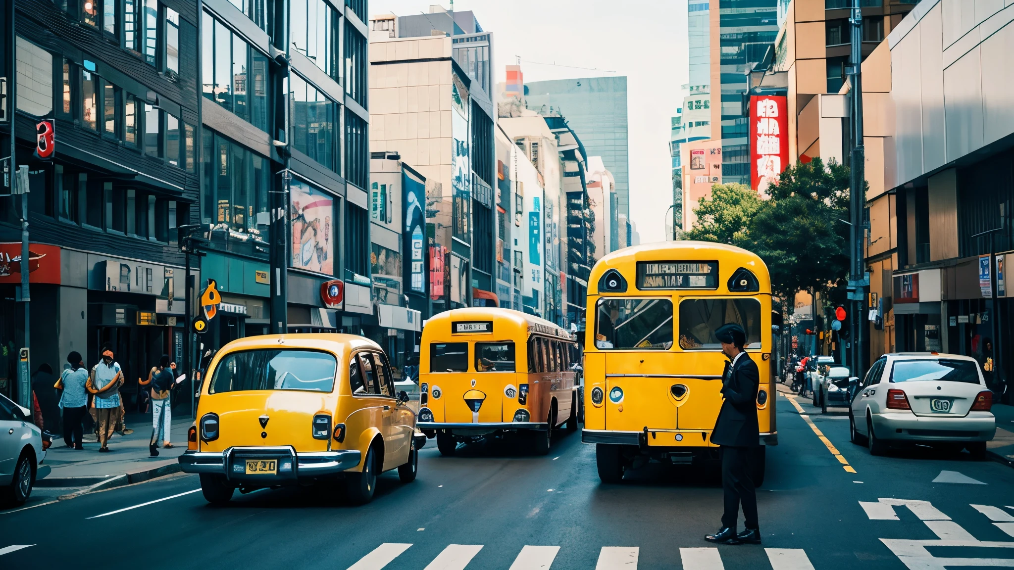Alafur looks down on a city street with buses and cars