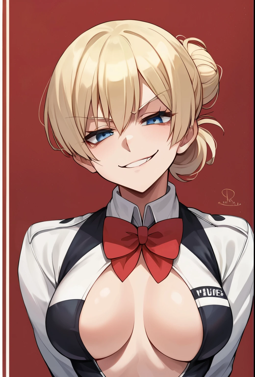 score_9, score_8_up, score_7_up, score_6_up, score_5_up, score_4_up, BREAK source_anime, solo, 1girl, wearing race queen outfit, wearing race queen clothes, race queen, hellsing, seras victoria, closeup, front view, blonde hairbun, blue eyes, arms behind back, strip club, smug seductive expression, smug, seductive, wearing red bow tie