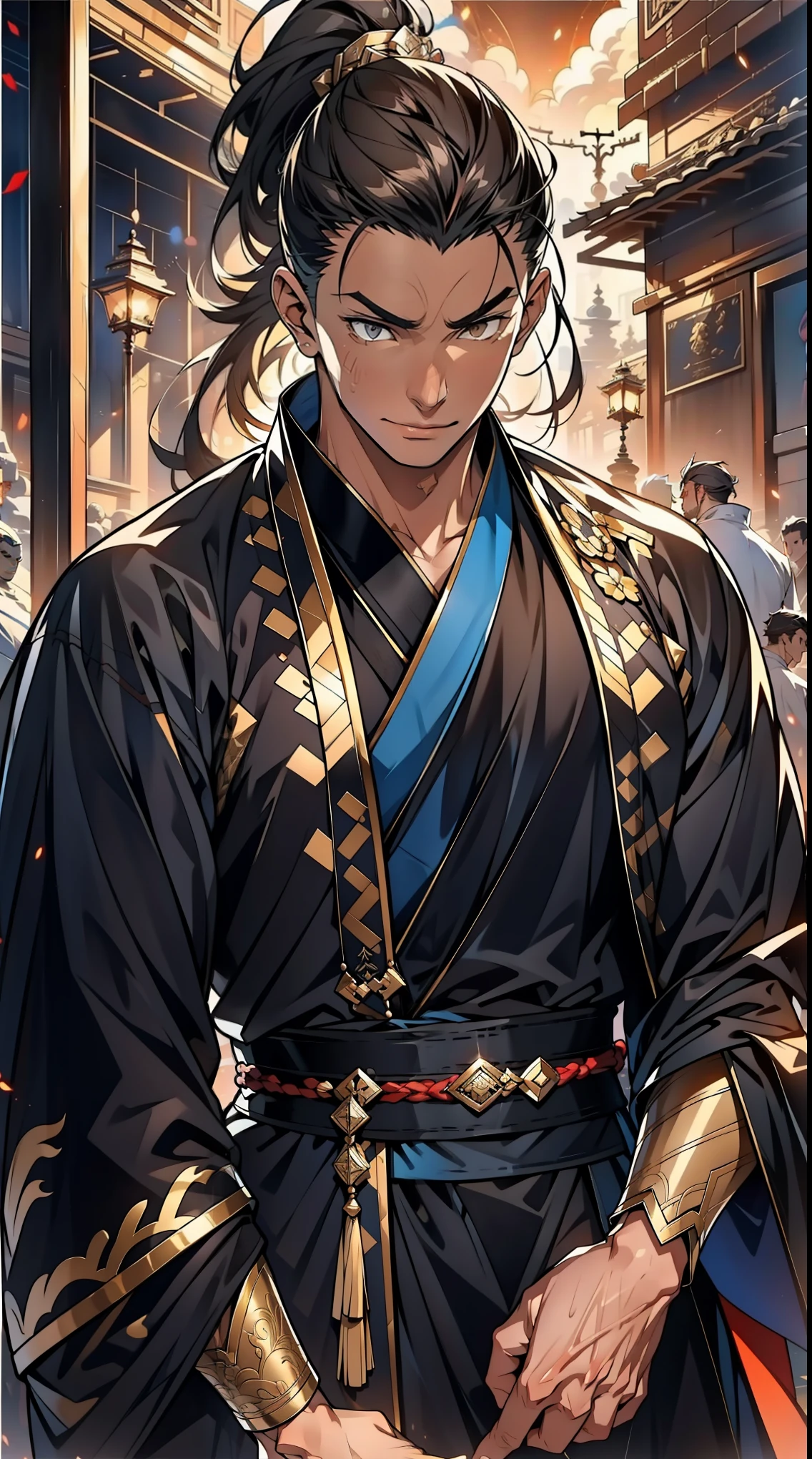 one person(male warrior),proportions are correct,facial details,swordsman,high ponytail hairstyle,neck detail,Have an Adam's apple,Black and gold robe,joke,Black and gold robe,clothing details,Hand over,long sleeves,Game quality,fencing,Ray tracing,Ray tracing,Detailed glow,CG rendering,hair details,Long black and blond hair,Black-gold eyes,Handsome,Handsome,(Youthful feeling),Costumes are complicated,Perfect composition,refine,high quality,higher details,many details,Complex background,a sense of atmosphere,