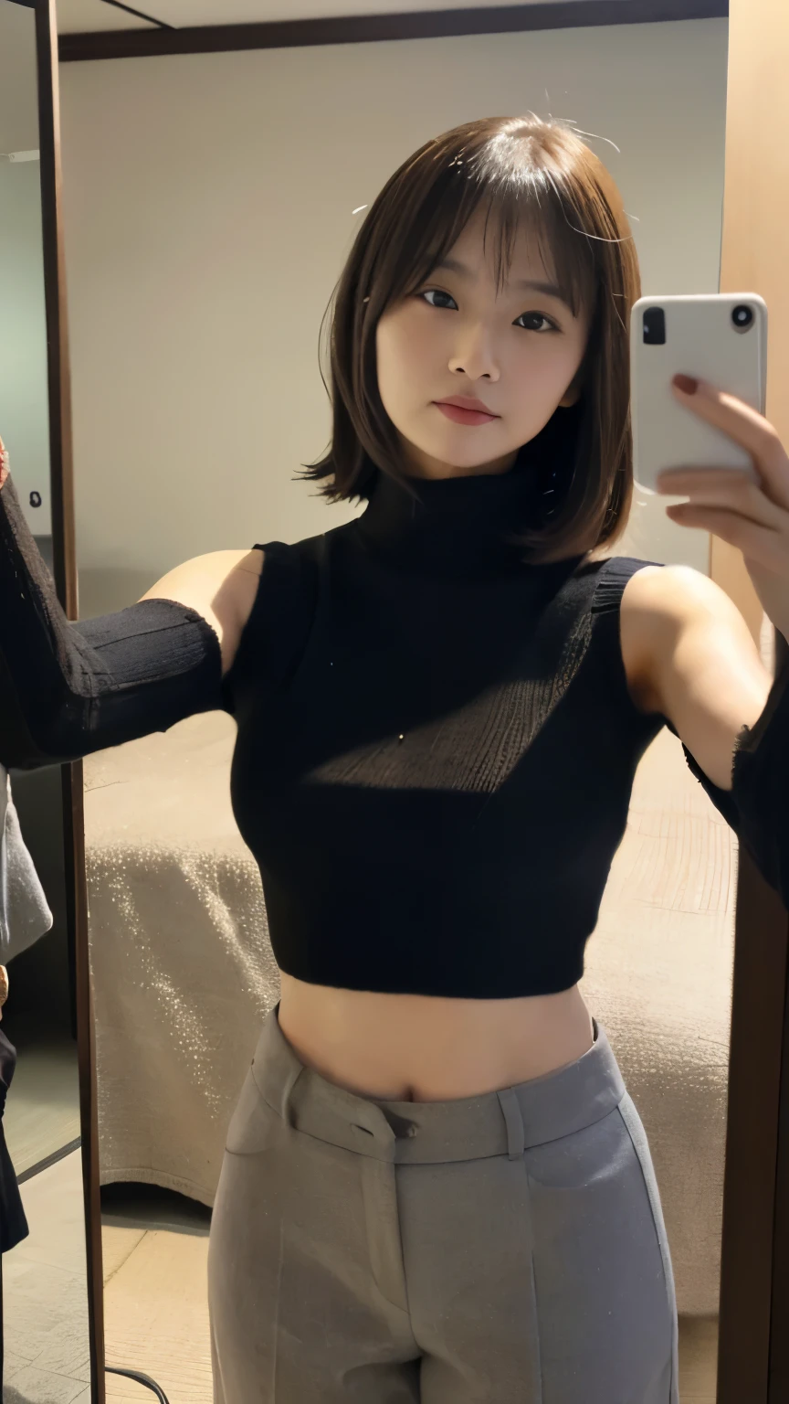 (((1girl)))((best qualtiy, 8K, tmasterpiece:1.3)),((Sharp:1.2, perfect figure beautiful woman:1.4, Slim abs:1.2)), ((Layered Hair Style, huge tit:1.3)),((Highly detailed facial and skin texture,A detailed eye,Black eye,double eyelid, droopy eyes)),(japan girl:1.5)(Brown Hair,Bob Cut)(Black Turtleneck sweater:1.8),(japan Hotel:1.3)standing in front of a full-length mirror taking a (selfie:1.5)