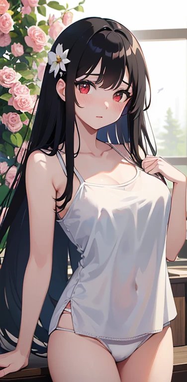 (8K、highest quality、masterpiece:1.2)、Super detailed、super resolution、Realistic、(1girl)  、(black hair)、long hair,straight hair,red eyes、forehead,(face focus,cowboy shot),(white camisole white panties)、(clear face:1.3),cute face,blush、large breasts,(background is flowers only ),