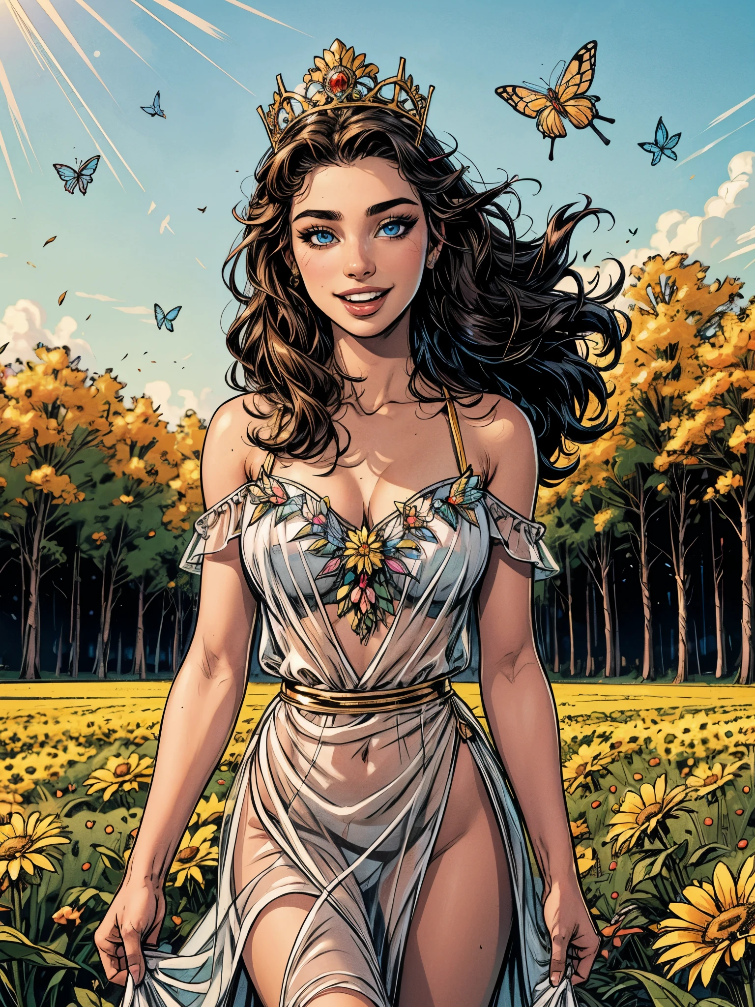 Maximum resolution 4k, (8k), beautiful woman, Princesa de las flores, Reina de las flores, cheerful expression, hermosos ojos de colores, beautiful exotic figure, vestido transparente movido por las mariposas del viento en el aire, Dream Field Fund, Luz de primavera , natural  lighting