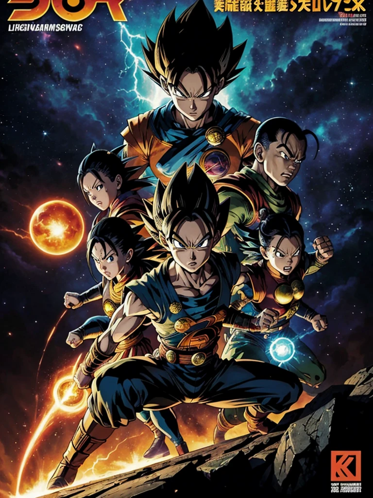 magazine cover, (masterpiece:1.2, highest quality), (magazine cover),Comic book cover featuring the launch of a new Dragonball series, characters posed in dynamic combat stances engulfed by vibrant ki blasts and energy auras, title emblazoned in bold, fiery text across the top, background a cosmic tableau with swirling galaxies and crackling lightning, style reminiscent of Akira Toriyama's iconic illustrations, high contrast, rich saturation, dramatic lighting, ultra fine detail, magazine cover, (very detailed:1.2)