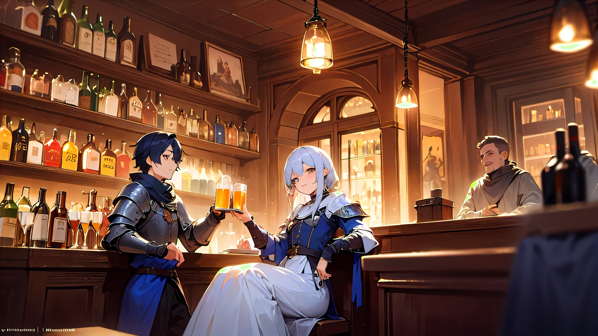 anime,medieval europe,A bar crowded with people at night,adventurer group,female wizard,female wizard,man in armor,male magician,beautiful eyes,Have a beer glass,smile,detailed expression.tavern background