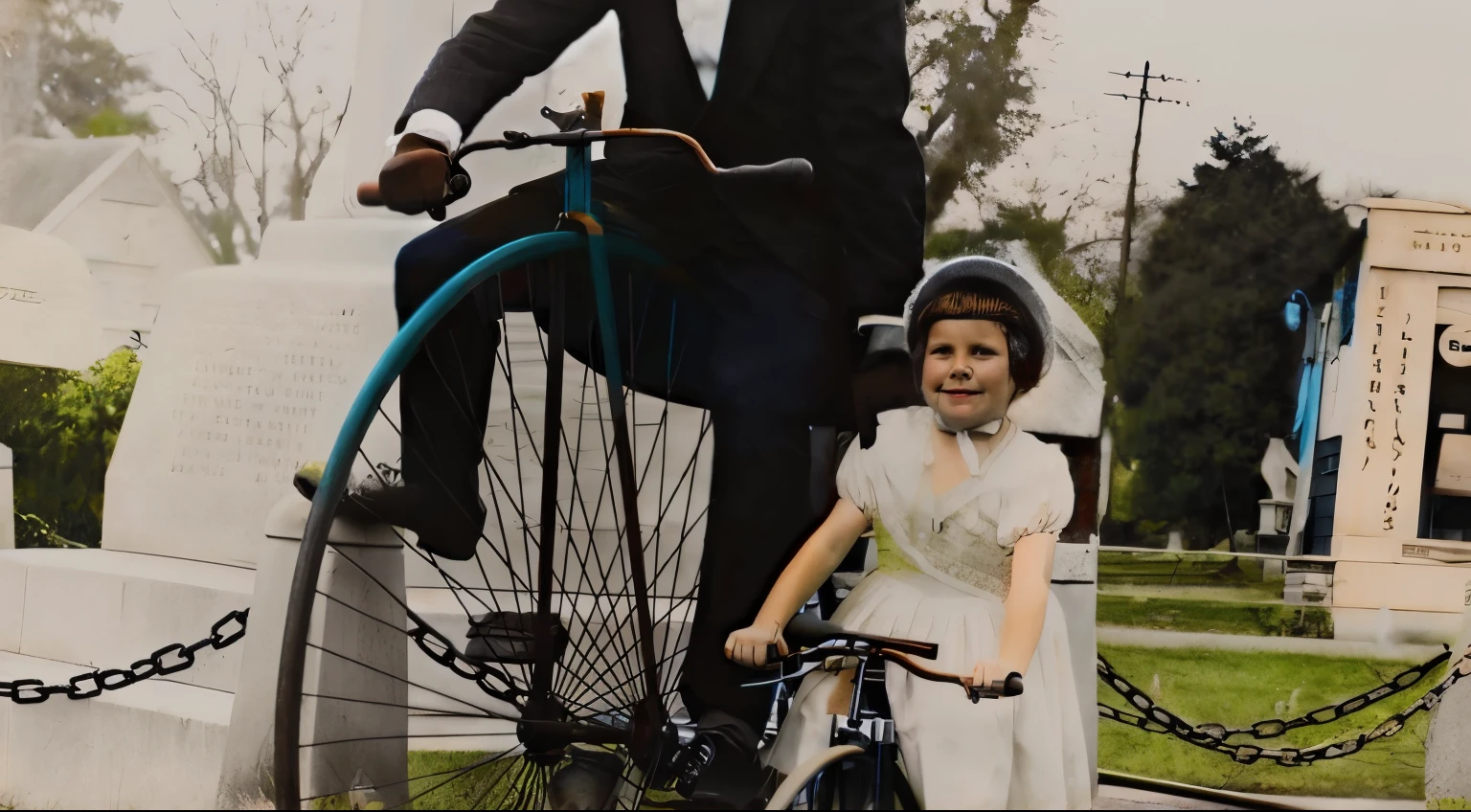 there is a man and a girl riding a bicycle in a cemetery, old timey, 1910