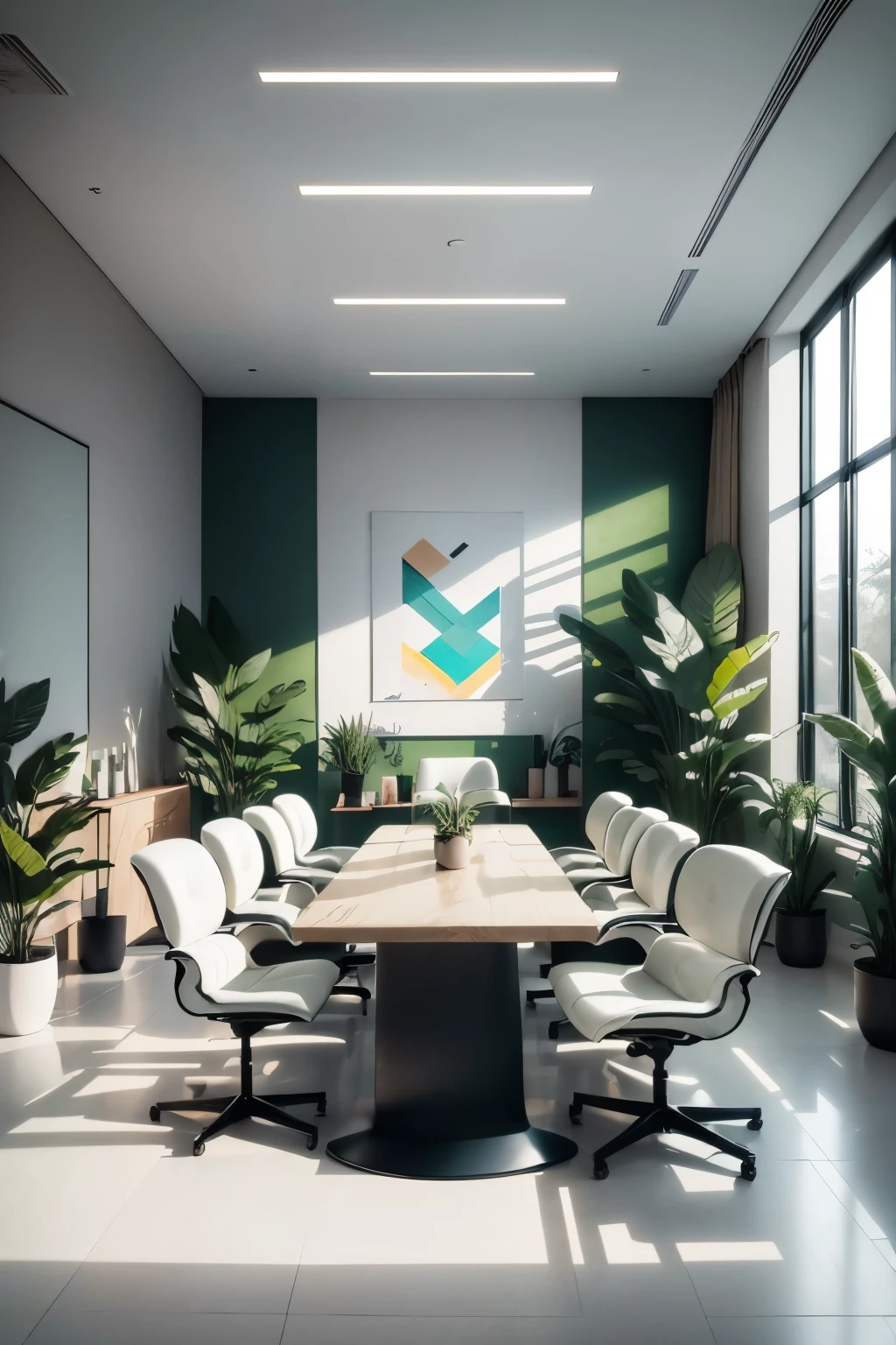 In this contemporary conference room design, a long and sleek rectangular table with smooth chairs arranged in an audience-like setting occupies the left side of the expansive meeting hall. Above, white metal beams, adorned with green stripes, form the ceiling, casting an industrial chic ambiance. The room is bathed in natural light filtering through the large windows, which frame light wood panels. In the front, an LED screen brings presentations to life, glowing bright against the quiet backdrop. The space is empty and devoid of people, allowing the Perspective viewer to fully appreciate the minimalist and sophisticated seating arrangement. --ar 128:71 --s2

I