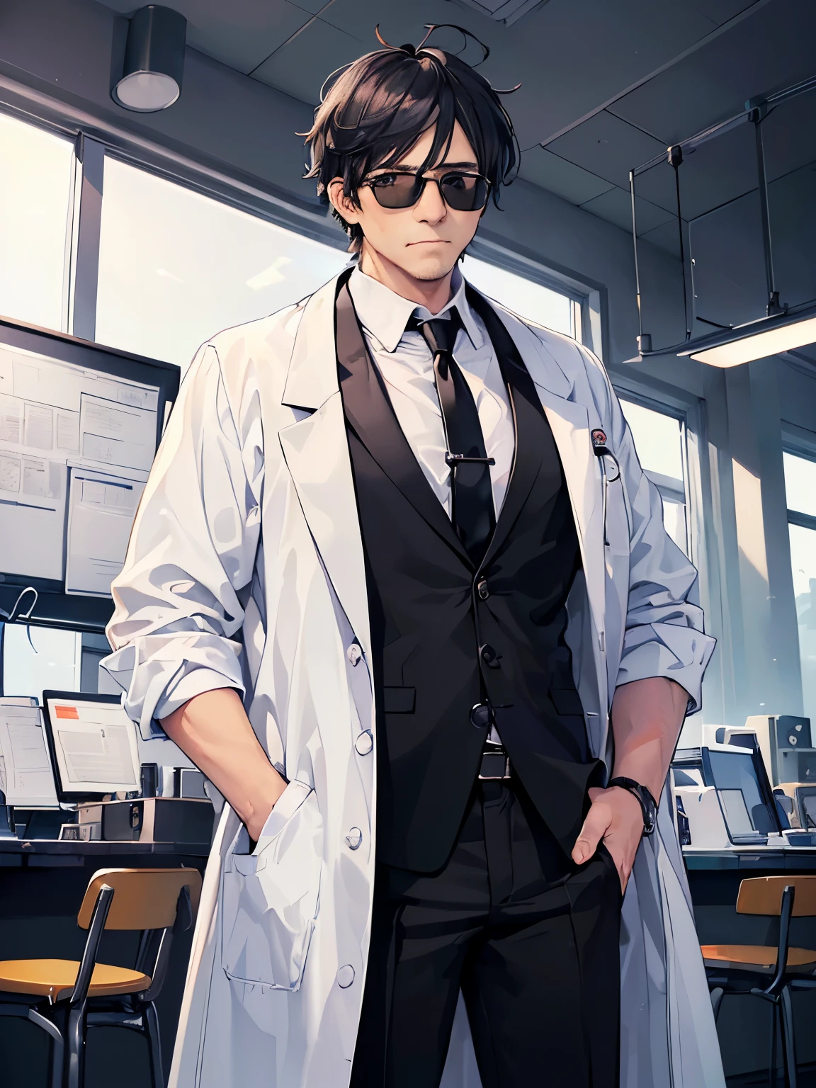 (((masterpiece,highest quality,High resolution))),anime illustration,bust shot,(Middle-aged man with all-back black hair),((A doctor wearing a very long lab coat and black sunglasses.)),Black pants, white shirt and black tie,putting his hands in the pockets of his white coat,looking at report paper with one hand,In the laboratory