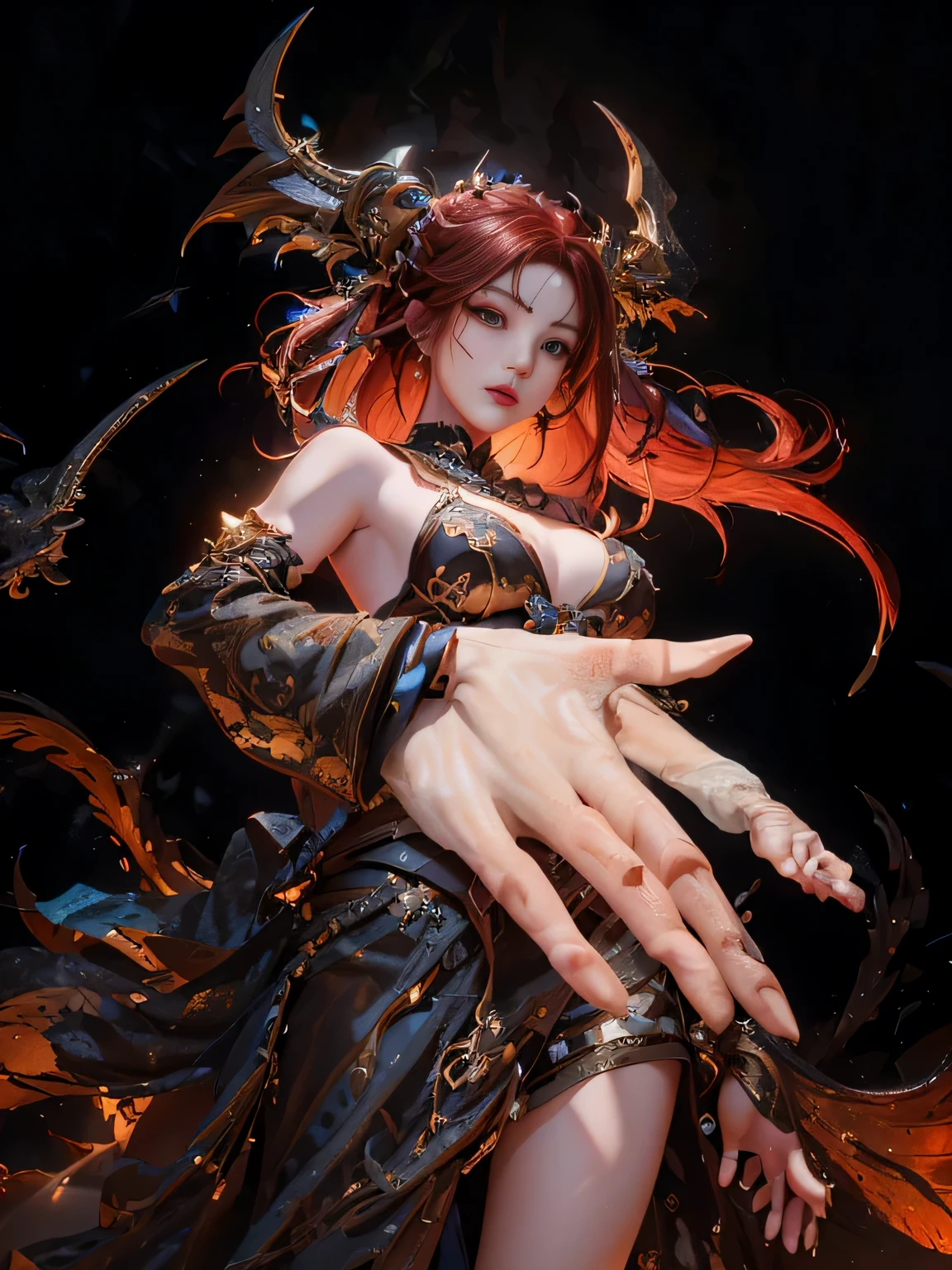 arafed woman with red hair and a black dress holding a knife, 8k high quality detailed art, 3 d render character art 8 k, 2. 5 d cgi anime fantasy artwork, 4k fantasy art, 8k fantasy art, fanart best artstation, fantasy art style, 4k highly detailed digital art, 8k stunning artwork