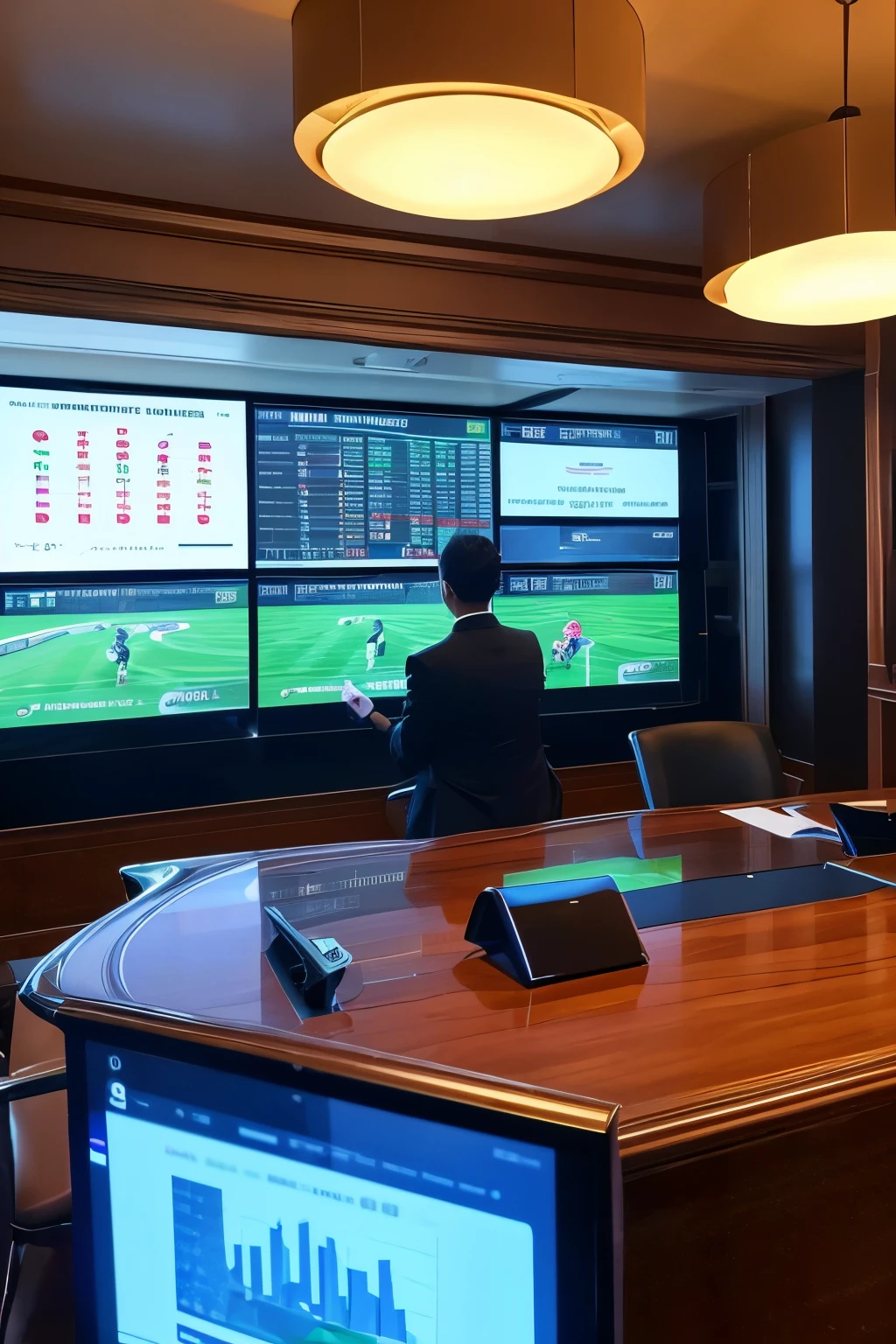 ((Best quality, 8K, Masterpiece: 1.3)), One person intensely focused on sportsbook predictions: 1.2, (Advanced AI technology: 1.3), Ultra-detailed financial data analysis: 1.5, Accurate prediction results: 1.4, (Glowing screen displaying sportsbook information: 1.1), Elegant and sleek office setting: 1.2, Monte Carlo simulation for risk assessment: 1.3, Professional and efficient appearance: 1.4, ((Confident and successful investor: 1.2)), Richly decorated room with trophies and awards: 1.3, Eye-catch
