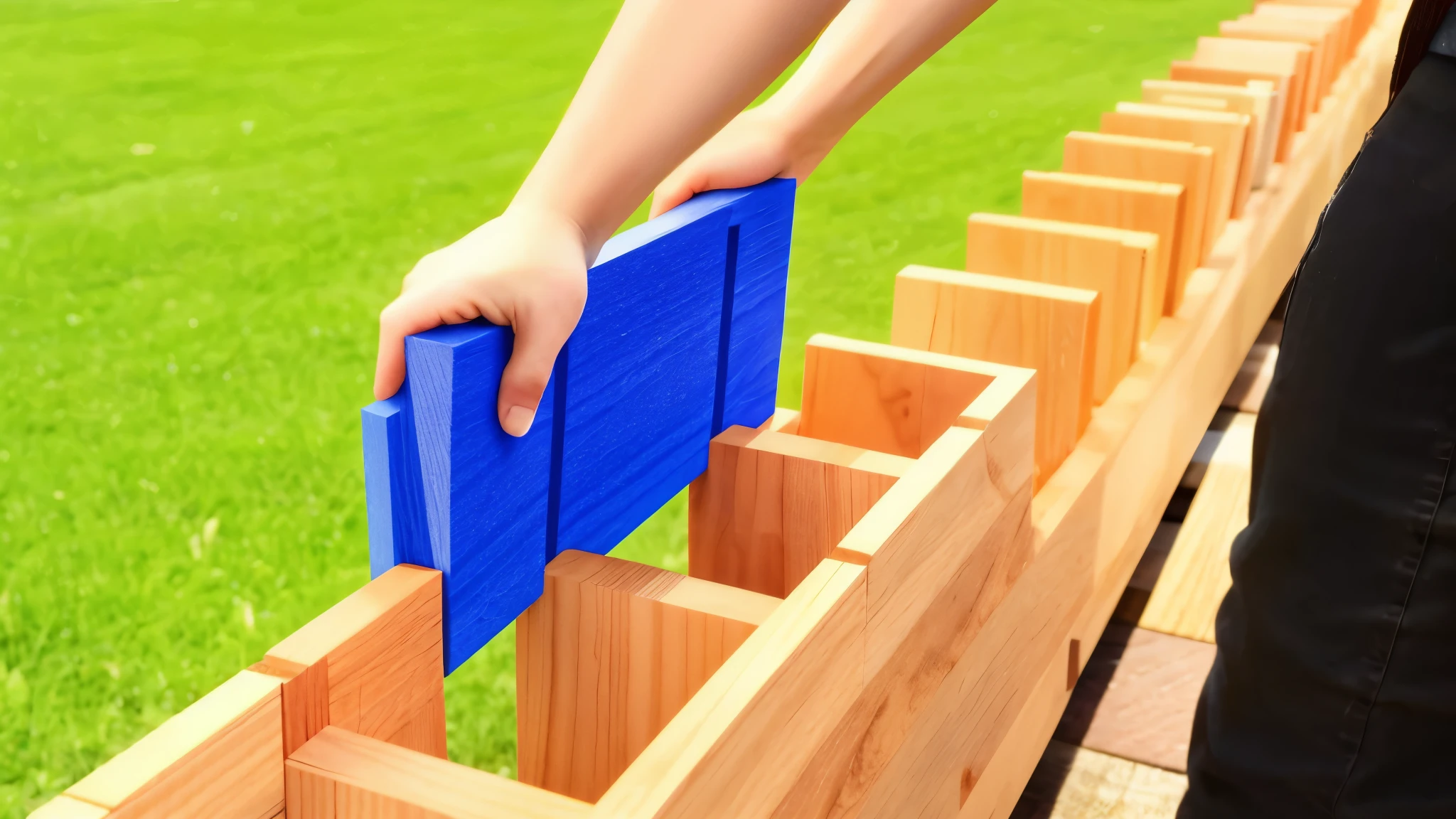 someone is placing a color blue and brown wood block into a   blue box, bright construction materials, easy, same design, 16k resolution, with expression, realistic image, hyper realistic image,  
