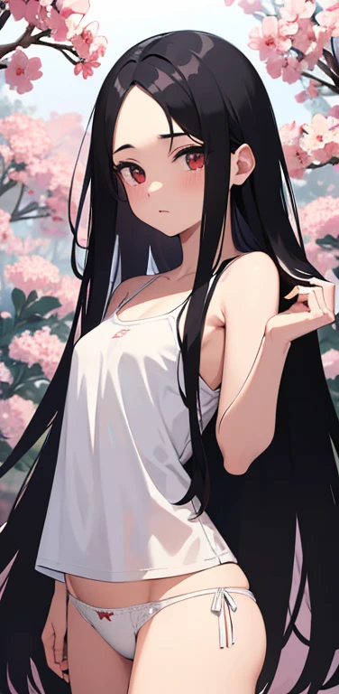 (8K、highest quality、masterpiece:1.2)、Super detailed、super resolution、Realistic、anime colored:1.2,(1girl) 、(black hair)、long hair,straight hair,red eyes、(forehead:1.3),(face focus,cowboy shot),(white camisole white panties:1.3)、(clear face:1.3),cute face,blush、small breasts,(background is flowers only:1.3 ),