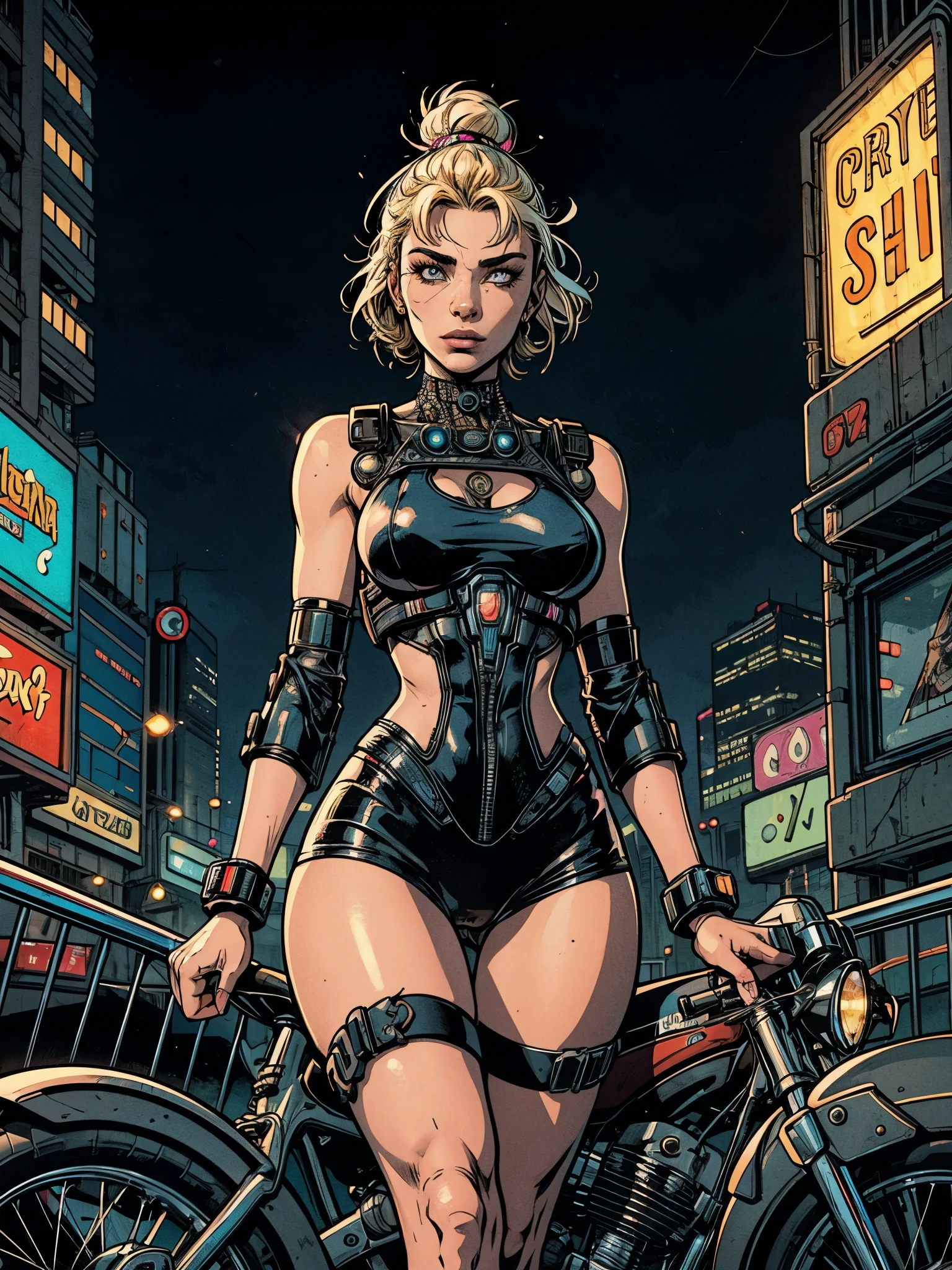 Obra maestra, La mejor calidad, 1 chica cyberpunk, Toma de cuerpo completo, De pie frente a la motocicleta, Mirando al espectador, Confident cyberpunk girl with daring expression, Conjunto pop inspirado en Harajuku, Colores y patrones llamativos, Accesorios llamativos, Peinado moderno e innovador, Maquillaje vibrante, Paisaje urbano deslumbrante cyberpunk, Rascacielos, neon signs, Luces LED, Esquema de colores brillantes y vivos, anime, illustration, Textura detallada de la piel, Textura detallada de la tela, Hermosa cara detallada, Detalles intrincados, Ultra detallado.,beautiful fine hands,