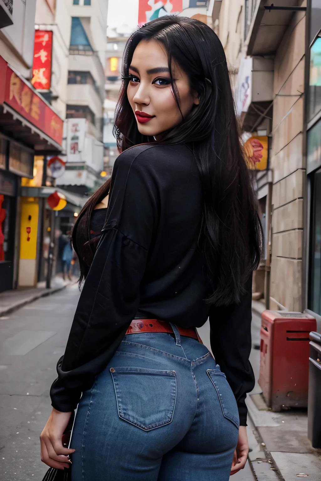 China version, Asian, face portrait, ((Very Intense Makeup)), ((Bright Lipstick)), ((makeup)), smiling, long hair, "black hair, black eyes, long hair, Voluptuous Woman, sleeve t- long shirt, RED t-shirt, jeans, cleavage, beautiful buttocks, high heels, sexy