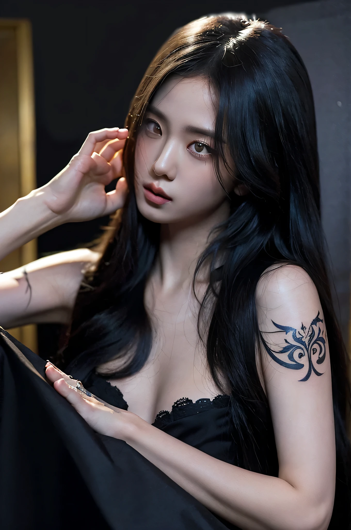 Tattoo girl, Very beautiful, super long hairstyle, messy hair, killing intent, Handsome man, betrayal, irate, Dark background, 8K, Dynamic Wallpapers, Very delicate, Very dense, dinamic pose, dinamic style, masterpiece, gangsta, mafia, tatto body, mafia tatto, beautiful, ethernal beautiful, beauty mafia, boss, blood, in the mafia headquarter, blood dress
