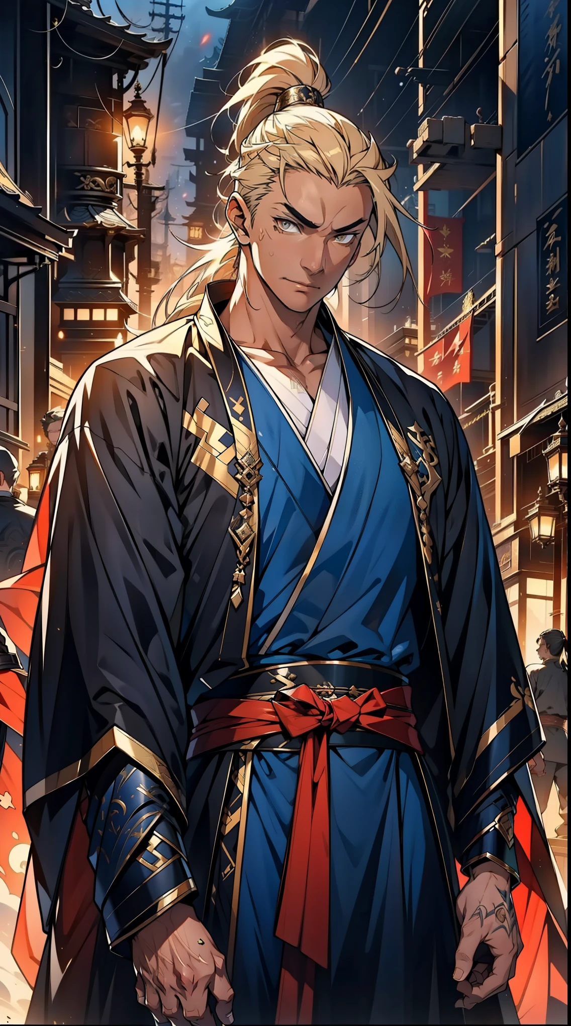 one person(male warrior),proportions are correct,facial details,swordsman,high ponytail hairstyle,neck detail,Have an Adam's apple,Black and gold robe,joke,Black and gold robe,clothing details,Hand over,long sleeves,Game quality,fencing,Ray tracing,Ray tracing,Detailed glow,CG rendering,hair details,Long black and blond hair,Black-gold eyes,Handsome,Handsome,(Youthful feeling),Costumes are complicated,Perfect composition,refine,high quality,higher details,many details,Complex background,a sense of atmosphere,