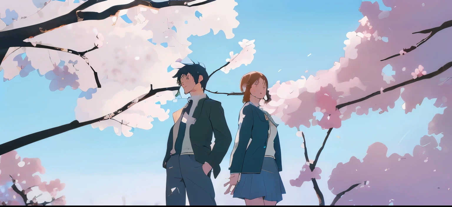 an anime artwork depicting a couple under trees with buds on them as backdrop, back-to-back, cherry blossoms, skirt, black hair, jacket, tree, brown hair, [soft light], (artstation:1.1), (blue hour:1.25), painting style