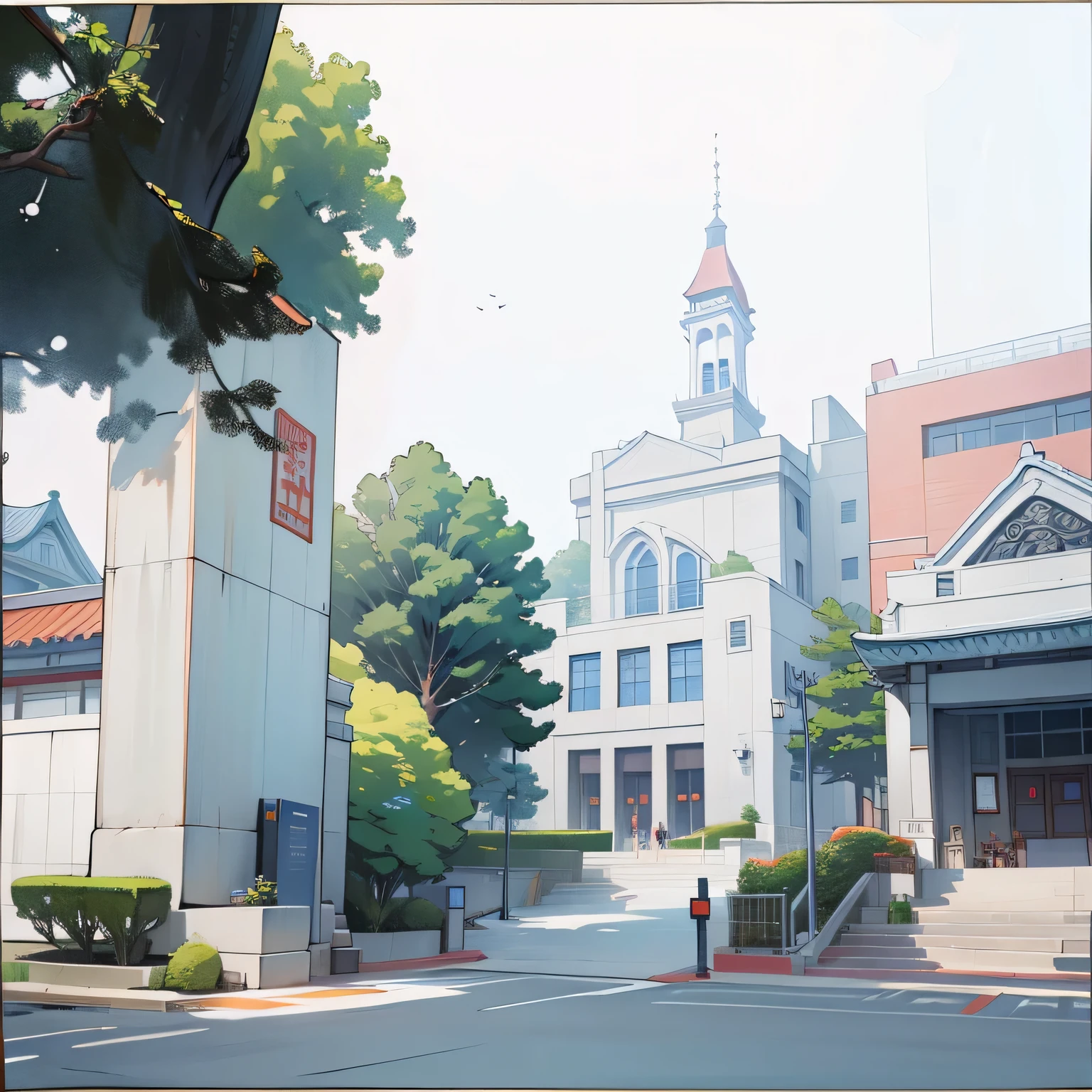 There is a bell tower in the middle, Research center, research complex, External, Private school entrance, complete building, Japanese high school, Company Profile Factory Photos, university, building orientation, jin shan, mingchen shen, office building, External, street view, sparse field, ground view, ground view, Wide angle shooting，students are drawing
