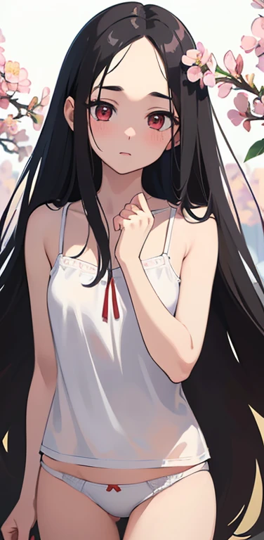 (8K、highest quality、masterpiece:1.2)、Super detailed、super resolution、Realistic、anime colored:1.2,(1girl)  、(black hair)、long hair,straight hair,red eyes、(forehead:1.3),(face focus,cowboy shot),(white camisole white panties:1.3)、(clear face:1.3),cute face,blush、small breasts,(background is lots of flowers only:1.3 ),