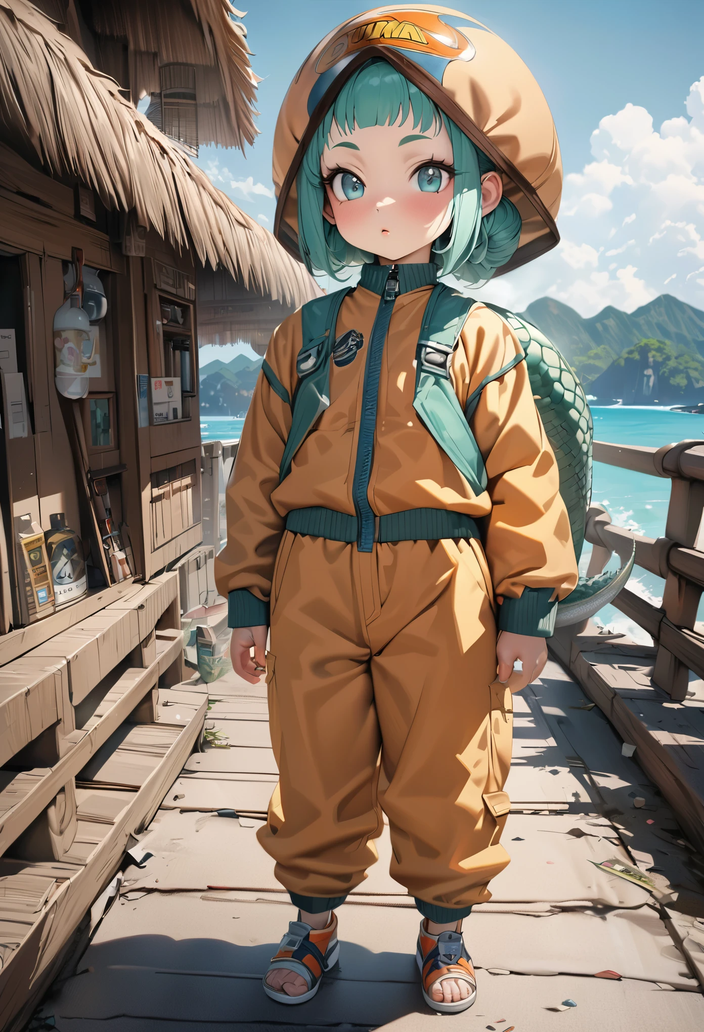 Anime Dragon Ball character Bulma,full body portrait,Island background,8k,Meticulous portrayal,Super fine,hyper-realistic,Super detailed,best quality,masterpiece
