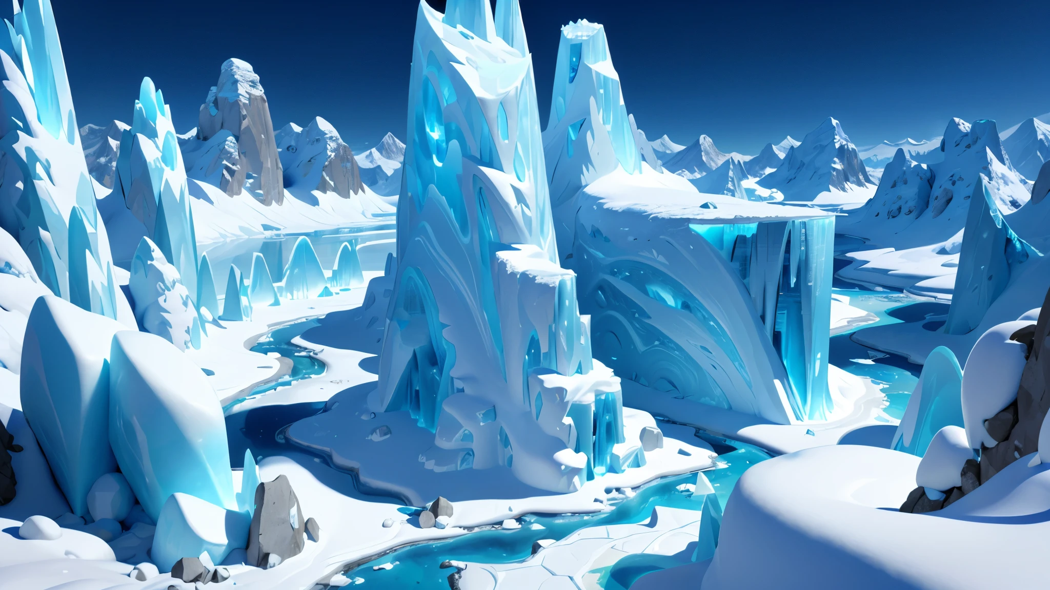 here is a very large iceberg with a lot of ice on it, icey tundra background, pillars of ice background, ice mountains in the background, icy landscape, icy mountains, surreal frozen landscape, ice mountains afar, cave background, vast ice dungeon, background art, mobile game background, ice shards, frostbite 3 rendered, icy mountains in the background