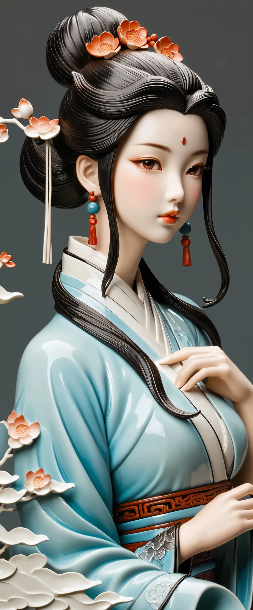 High quality fantasy artifact concept art, simple background, ceramic Chinese girl, carved high-end porcelain, complex, gorgeous, 8k