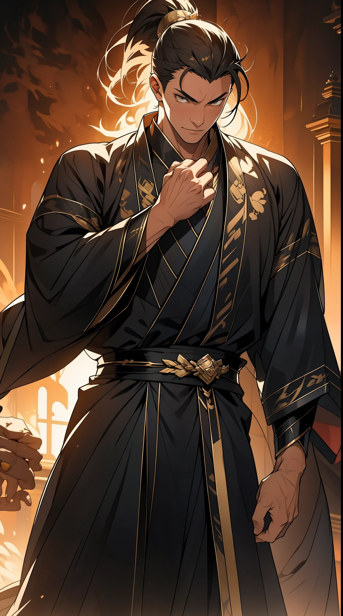 one person(male warrior),proportions are correct,facial details,swordsman,high ponytail hairstyle,neck detail,Have an Adam's apple,Black and gold robe,joke,Black and gold robe,clothing details,Hand over,long sleeves,Game quality,fencing,Ray tracing,Ray tracing,Detailed glow,CG rendering,hair details,Long black and blond hair,Black-gold eyes,Handsome,Handsome,(Youthful feeling),Costumes are complicated,Perfect composition,refine,high quality,higher details,many details,Complex background,a sense of atmosphere,