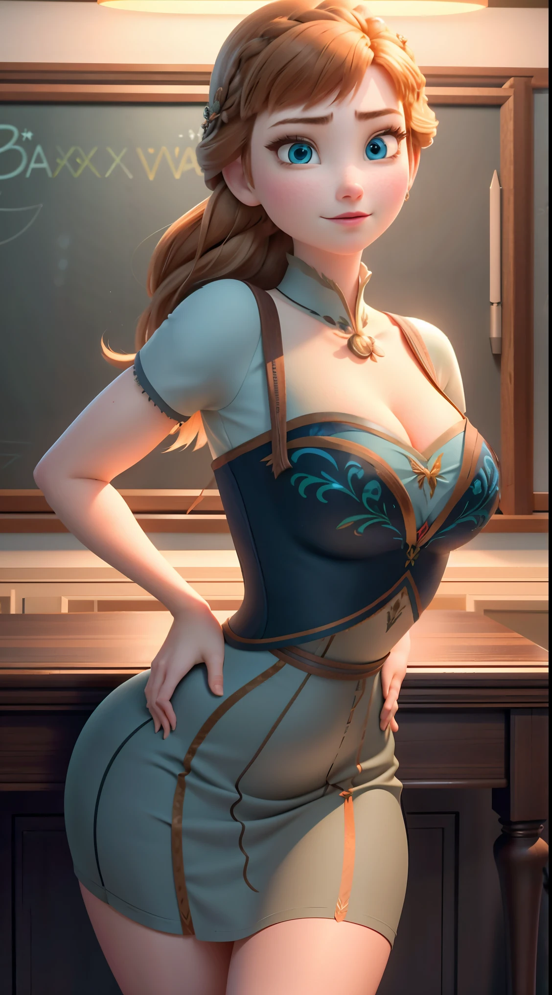 Photo of Anna of Arendelle as a teacher, teacher, teacher clothes, mini dress,  Anna from Disney Frozen movie, tall and sexy, superb face, perfect body, provocative, Nice, show breasts, huge breasts, tall, sexy legs, bursting huge breasts, wide hips, busty, sexy, enormous breasts, happy.