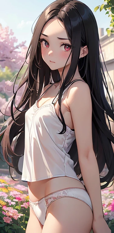 (8K、highest quality、masterpiece:1.2)、Super detailed、super resolution、Realistic、anime coloring:1.2,(1girl)  、(black hair)、long hair,straight hair,red eyes、(forehead:1.3),(face focus,cowboy shot),(white camisole white panties:1.3)、(clear face:1.3),cute face,blush、small breasts,(background is lots of flowers only:1.3 ),