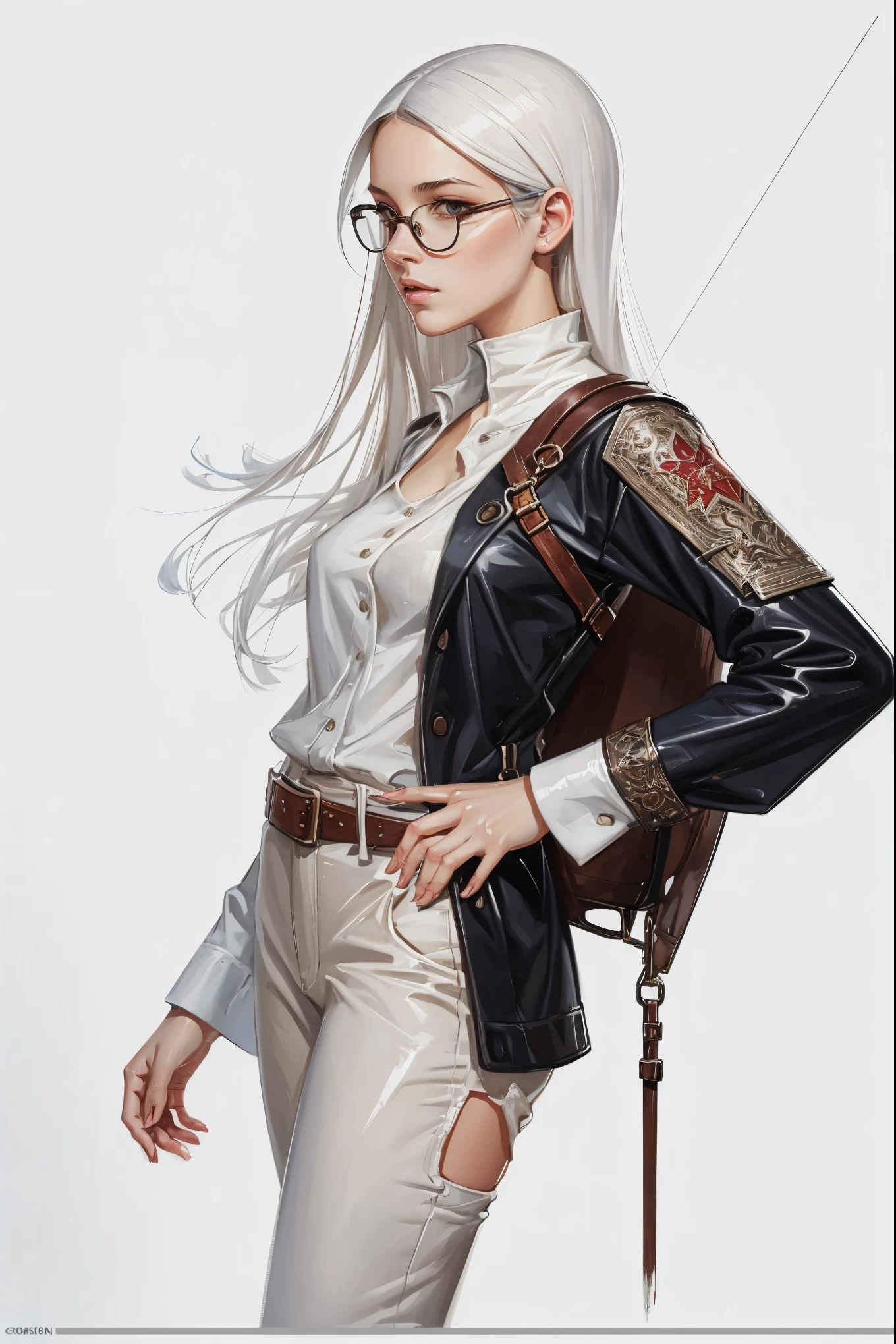 portraiture art of a woman, modern hipster clothing, character design, dnd character concept art, loose paint, white background, painterly illustration, highly detailed, cartoonish proportions, glossy straight hair, creative