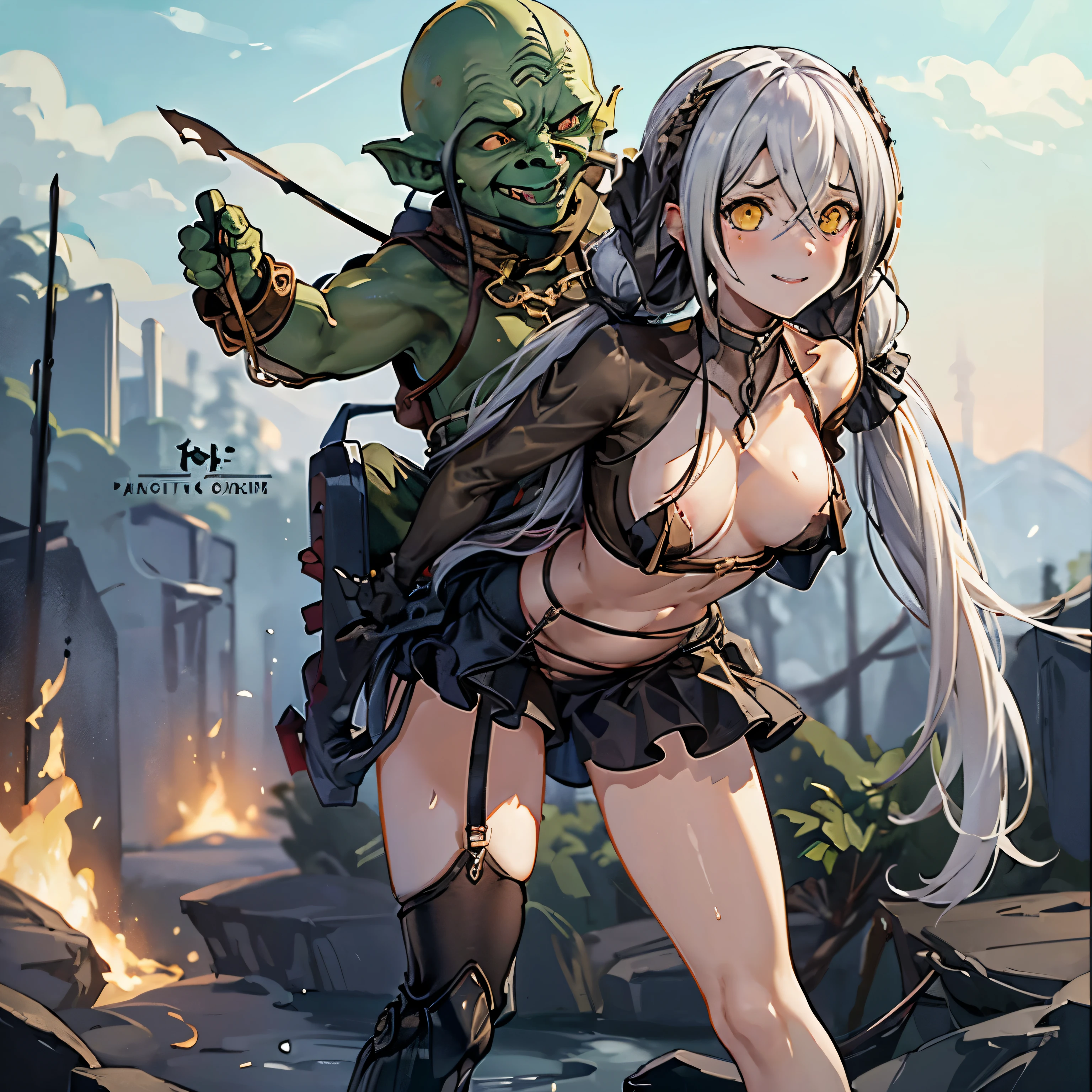 Masterpiece, (((ghostriding))), (((a ghost is riding a girl))), ghost, (((all four))), 1 girl, (:1.1), (Nose hook), rein, shirt collar, chain, rope, obey, dazed, happy, smile, Sangvis Ferry, hair accessories, long hair, white hair, Twintail, hair ribbon, yellow eyes, Destroyer, Girls' frontline, small brease skin, expressionless, Emotionless, ดวงempty eyes, empty eyes, mind control