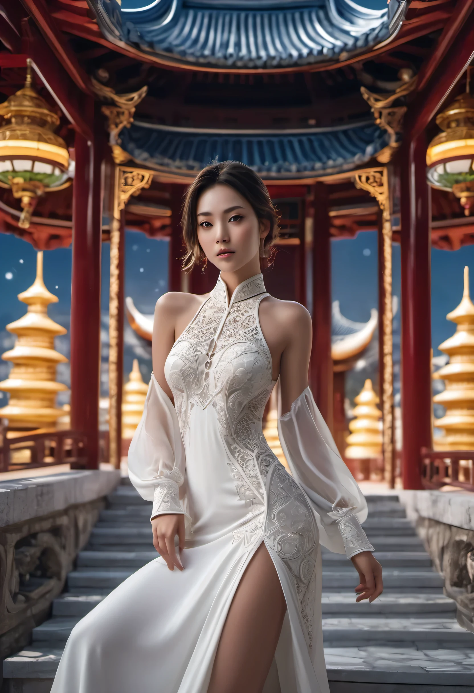 beautiful young woman in a white dress posing for a picture, tracer in a skintight dress, detailed dress, intricate outfit, . highly detailed, , stunning elegant pose, elegant cinematic pose, robe. extremely high details, incredible details, 8k octae render photo,undressing,undressing,sexually suggestive, moon pagoda,looking in, looking at the viewer, focus stacking UHD 8k