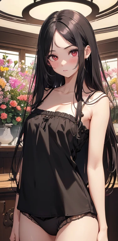 (8K、highest quality、masterpiece:1.2)、Super detailed、super resolution、Realistic、anime coloring:1.2,(1girl) 、(black hair)、long hair,straight hair,red eyes、(forehead:1.3),(face focus,cowboy shot),(black camisole black panties:1.3)、(clear face:1.3),cute face,blush、small breasts,(background is lots of flowers only:1.3 ),