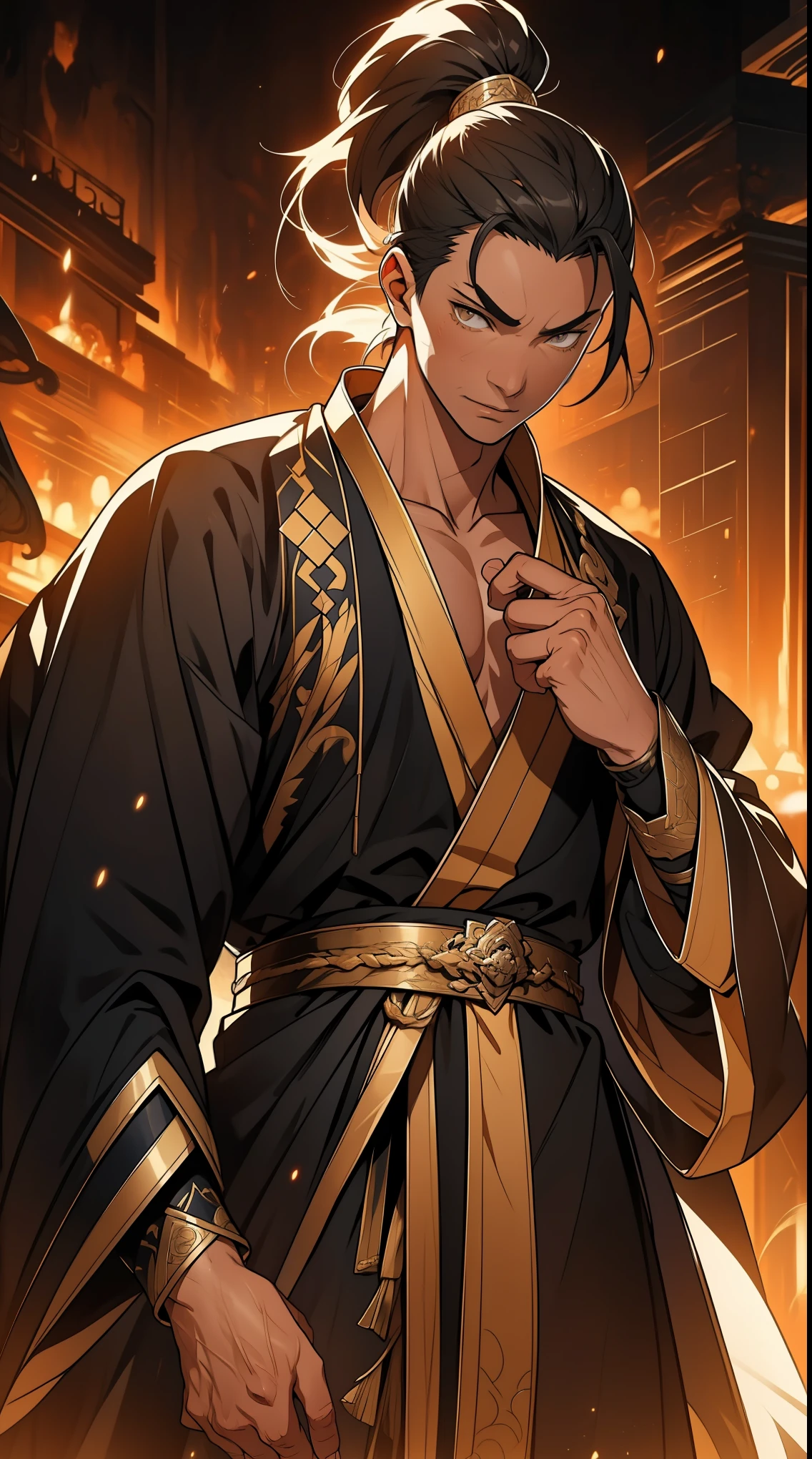 one person(male warrior),proportions are correct,facial details,swordsman,high ponytail hairstyle,neck detail,Have an Adam's apple,Black and gold robe,joke,Black and gold robe,clothing details,Hand over,long sleeves,Game quality,fencing,Ray tracing,Ray tracing,Detailed glow,CG rendering,hair details,Long black and blond hair,Black-gold eyes,Handsome,Handsome,(Youthful feeling),Costumes are complicated,Perfect composition,refine,high quality,higher details,many details,Complex background,a sense of atmosphere,