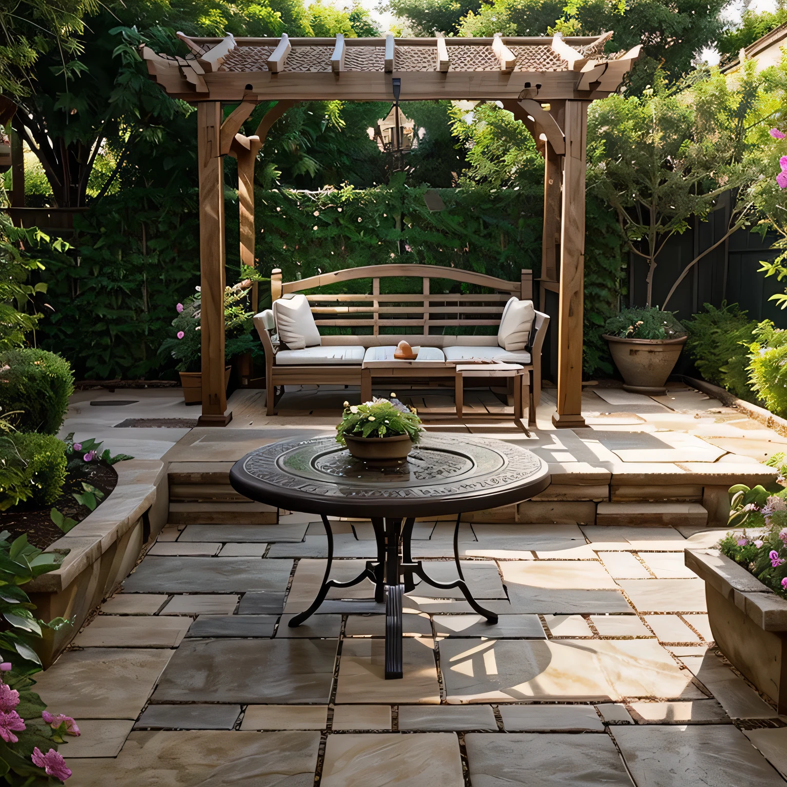 A lush garden and backyard with various elements such as Patio, Deck, Gazebo, Arbor, Pergola, and more. Arbor