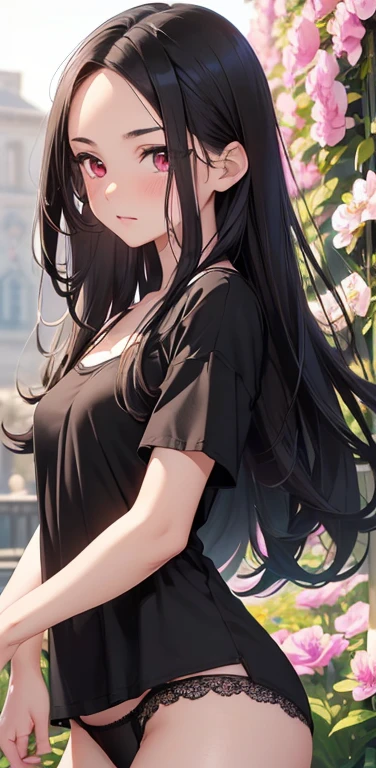 (8K、highest quality、masterpiece:1.2)、Super detailed、super resolution、Realistic、anime:1.2,(1girl)  、(black hair)、long hair,straight hair,red eyes、(forehead:1.3),(face focus,cowboy shot),(black camisole black panties:1.3)、(clear face:1.3),cute face,blush、small breasts,(background is lots of flowers only:1.3 ),