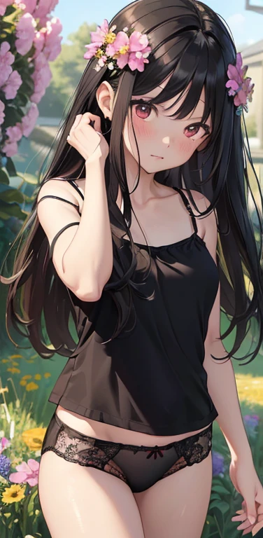 (8K、highest quality、masterpiece:1.2)、Super detailed、super resolution、Realistic、anime:1.2,(1girl) 、(black hair)、long hair,straight hair,red eyes、(forehead:1.3),(face focus,cowboy shot),(black camisole black panties:1.3)、(clear face:1.3),cute face,blush、small breasts,(background is lots of flowers only:1.3 ),