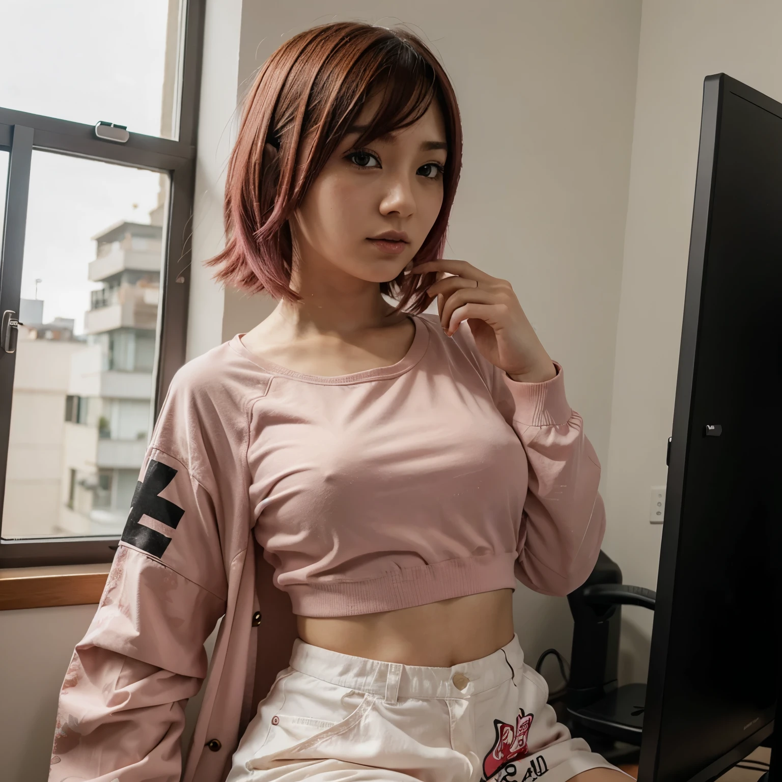 Anime girl with short pink hair gamer with printed seika in front