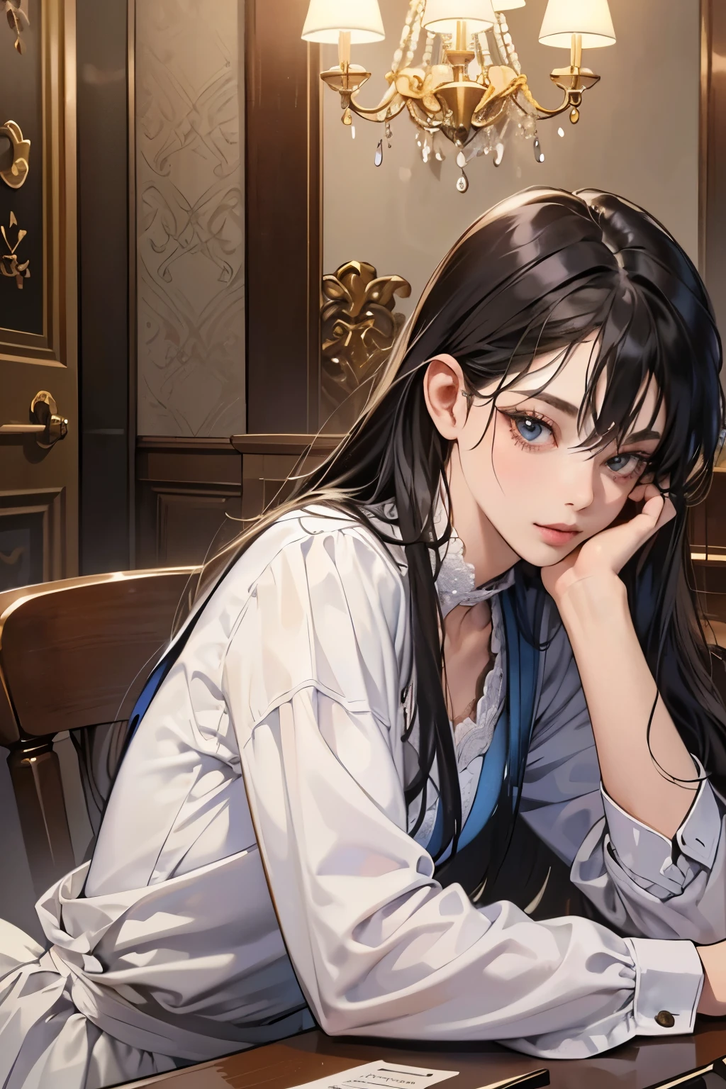 (table top, digital art, digital illustration,like the photo、4k, 8k, Super detailed, beautiful images, clear image, realistic, RAW photo, perfect face, perfect lines, perfect eyes,) 1 female, (long black hair,straight hair,bullish look,Beautiful woman,suit,solid makeup,small breasts、23 year old female,:1.3),secretary, suitを着たハンサムな男性 2 人, (human,suitを着た男,muscular,solid shoulder width, human,boyish hairstyle,british gentleman's style,A man in his 30s with a cool expression,28 year old man with a bright smile:1.2),night office scene,antique furniture,antique clamp,antique chair,chandelier,party、couple、coupleキス、romance、romanceポルノ、look at each other、hug each other