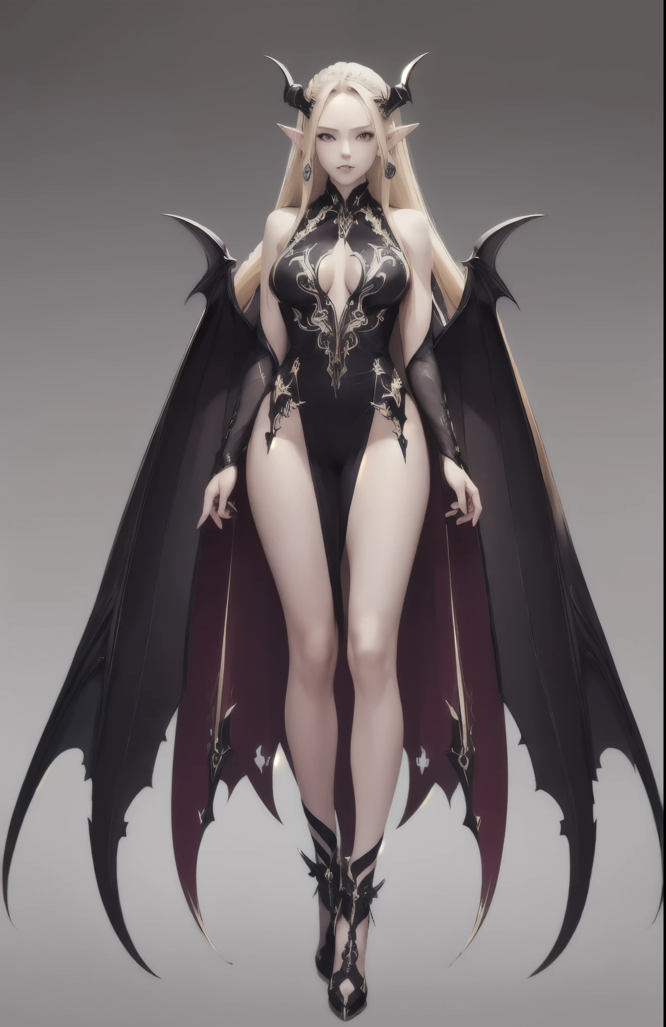 ((masterpiece, best quality)),concept art, woman,, Detailed face，pointed ears, full body details, stand，full of details, Very detailed, depth, many parts, long blonde hair，Succubus。beautiful woman, muscular body, vampire costume clothes, little devil wings。（Blade and Soul style）High heel,jewelry, braid, earrings, White background。