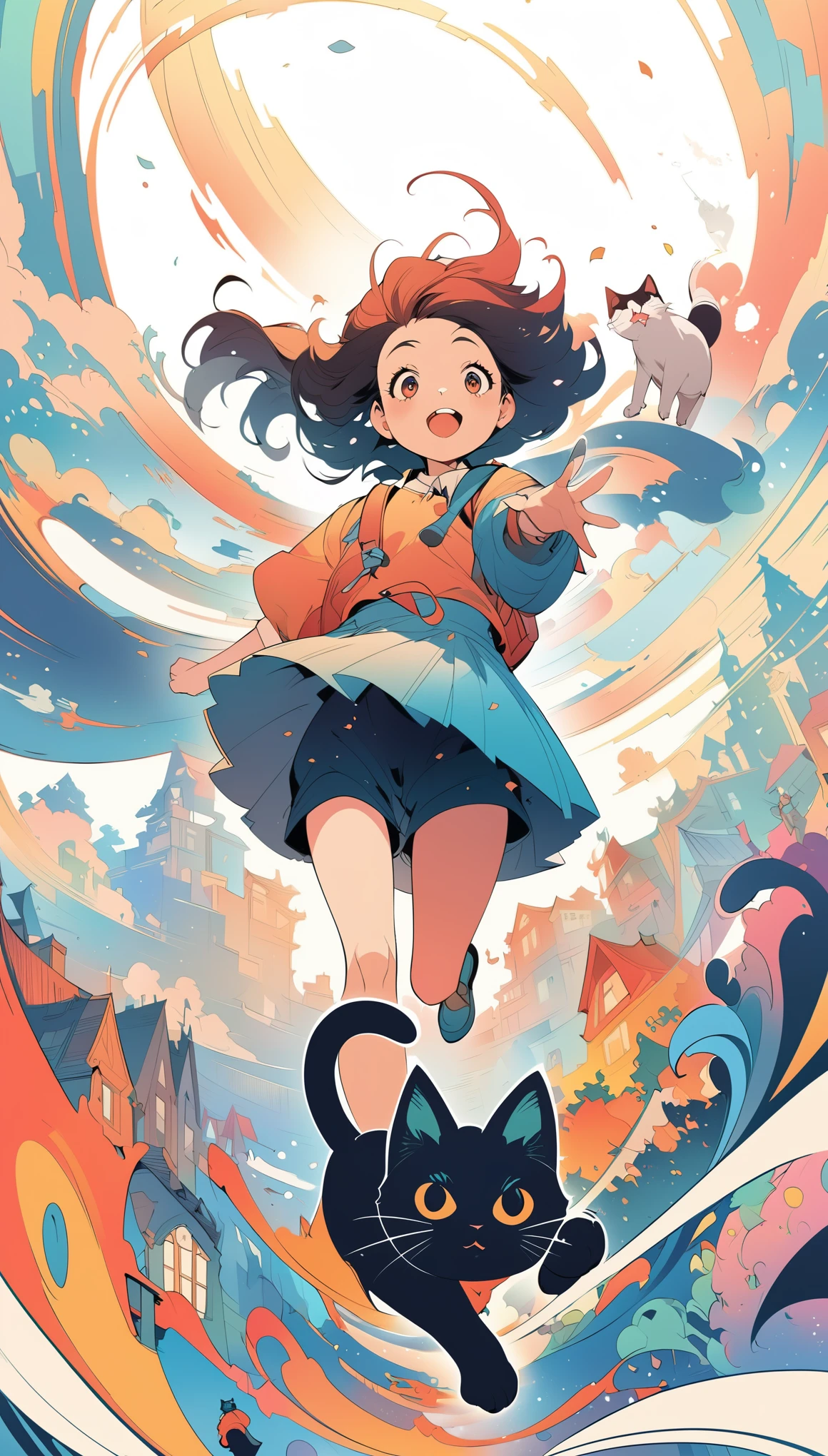 Cartoon illustration of a woman running with cat and backpack, Colorful editorial illustrations, Colorful illustrations, Chuanghui Illustrations, A beautiful artistic illustration, fairy-tale illustration style, illustration style, digital illustration style, 2d illustration, 2d illustration, anime style illustration, animated illustration style, magazine illustration，Bottom view，perspective