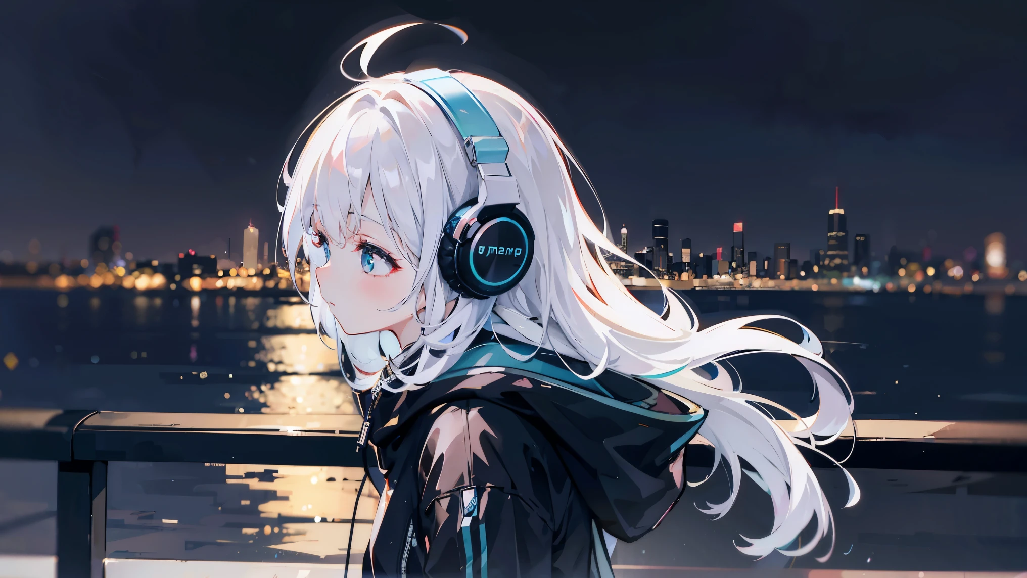 Girl listening to music through headphones、おしゃれなCity of night、girl listening to headphones、City of night、Fashionable and emotional atmosphere