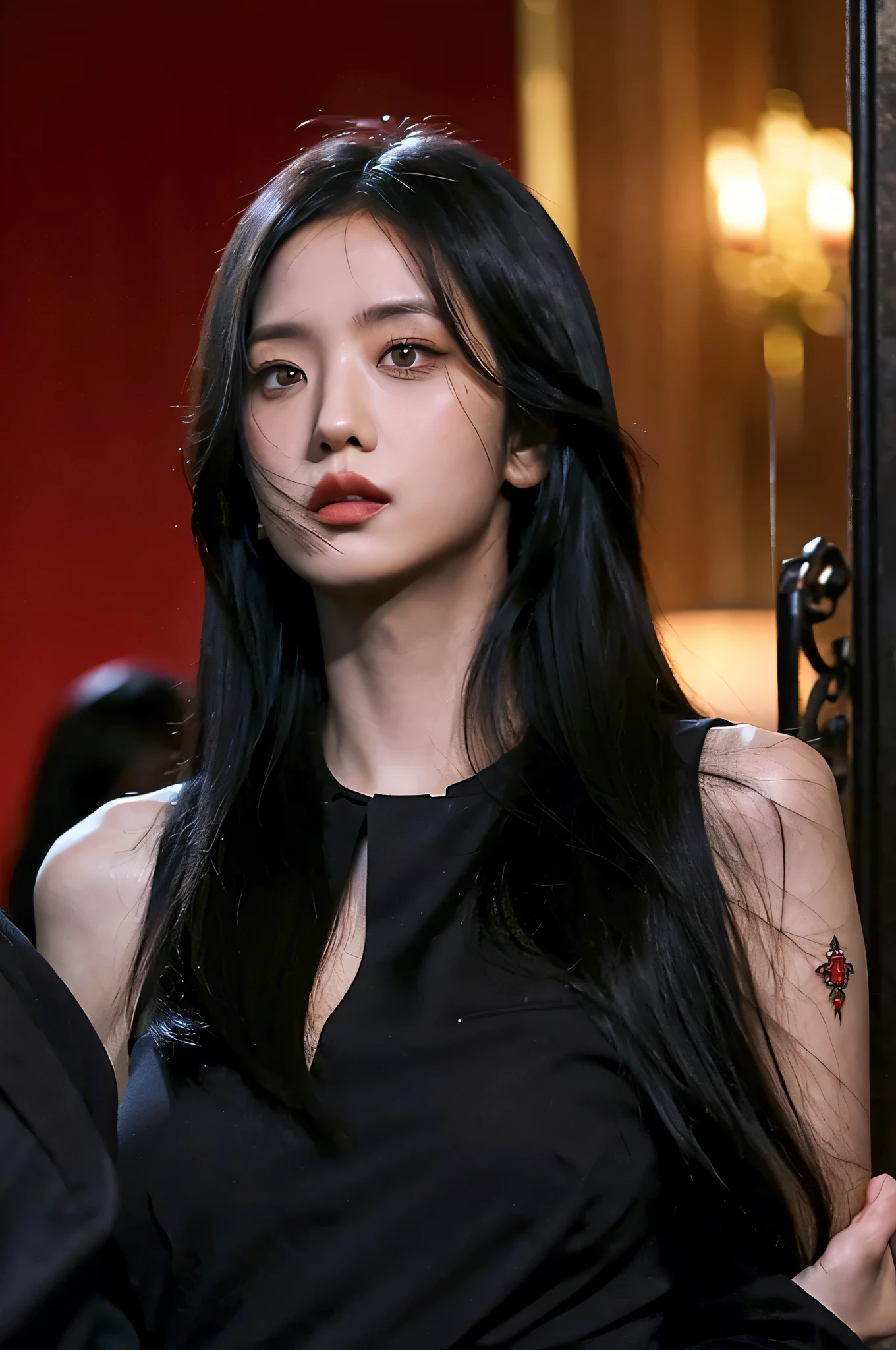 Tattoo girl, Very beautiful, super long hairstyle, messy hair, killing intent, Handsome man, betrayal, irate, Dark background, 8K, Dynamic Wallpapers, Very delicate, Very dense, dinamic pose, dinamic style, masterpiece, gangsta, mafia, tatto body, mafia tatto, beautiful, ethernal beautiful, beauty mafia, boss, blood, in the mafia headquarter, blood dress