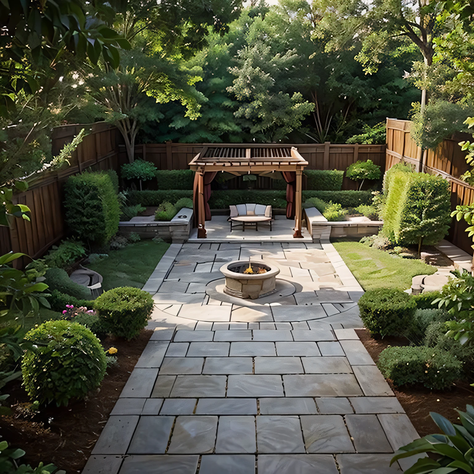 A lush garden and backyard with various elements such as Patio, Deck, Gazebo, Arbor, Pergola, and more. Pergola