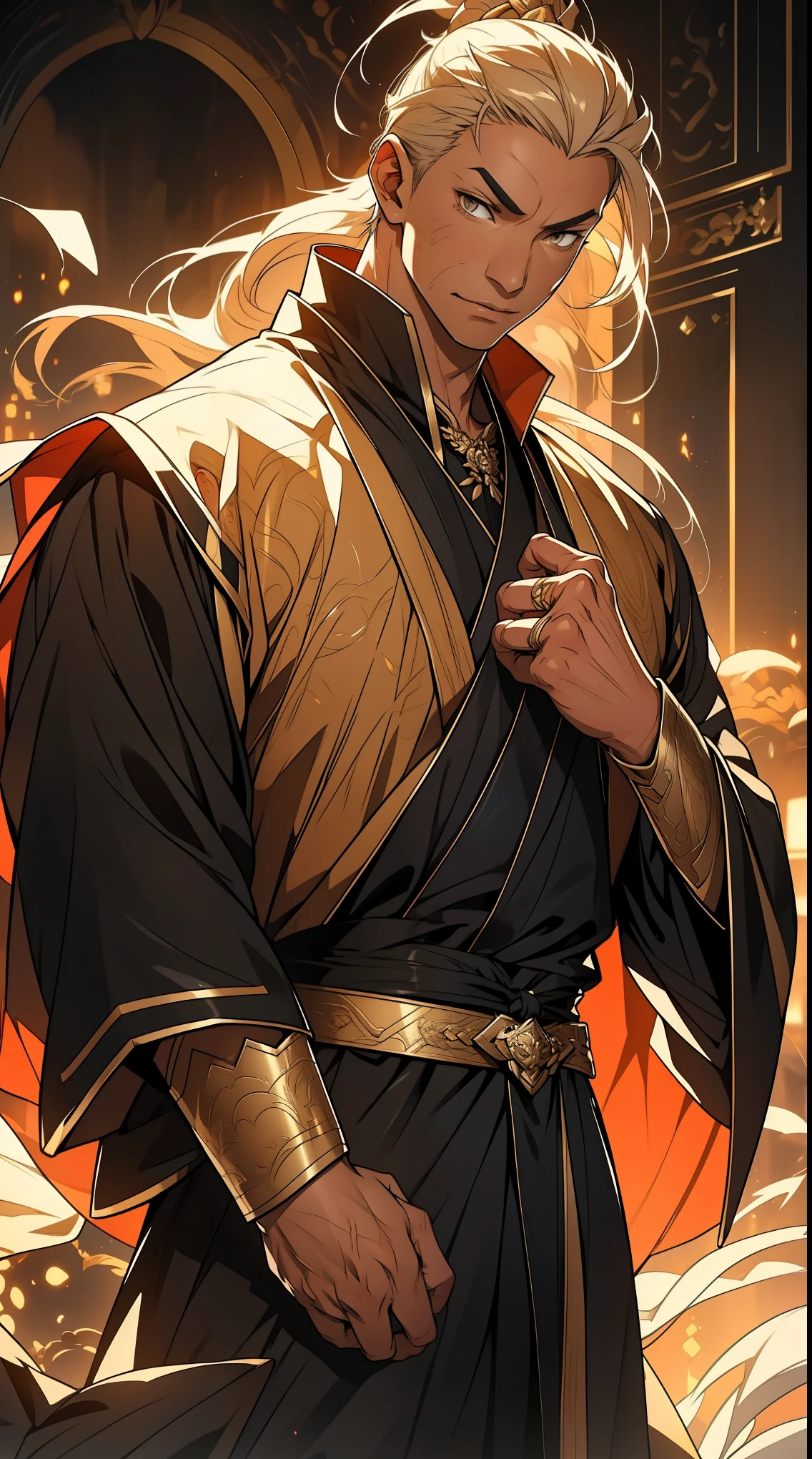 one person(male warrior),proportions are correct,facial details,swordsman,high ponytail hairstyle,neck detail,Have an Adam's apple,Black and gold robe,joke,Black and gold robe,clothing details,Hand over,long sleeves,Game quality,fencing,Ray tracing,Ray tracing,Detailed glow,CG rendering,hair details,Long black and blond hair,Black-gold eyes,Handsome,Handsome,(Youthful feeling),Costumes are complicated,Perfect composition,refine,high quality,higher details,many details,Complex background,a sense of atmosphere,