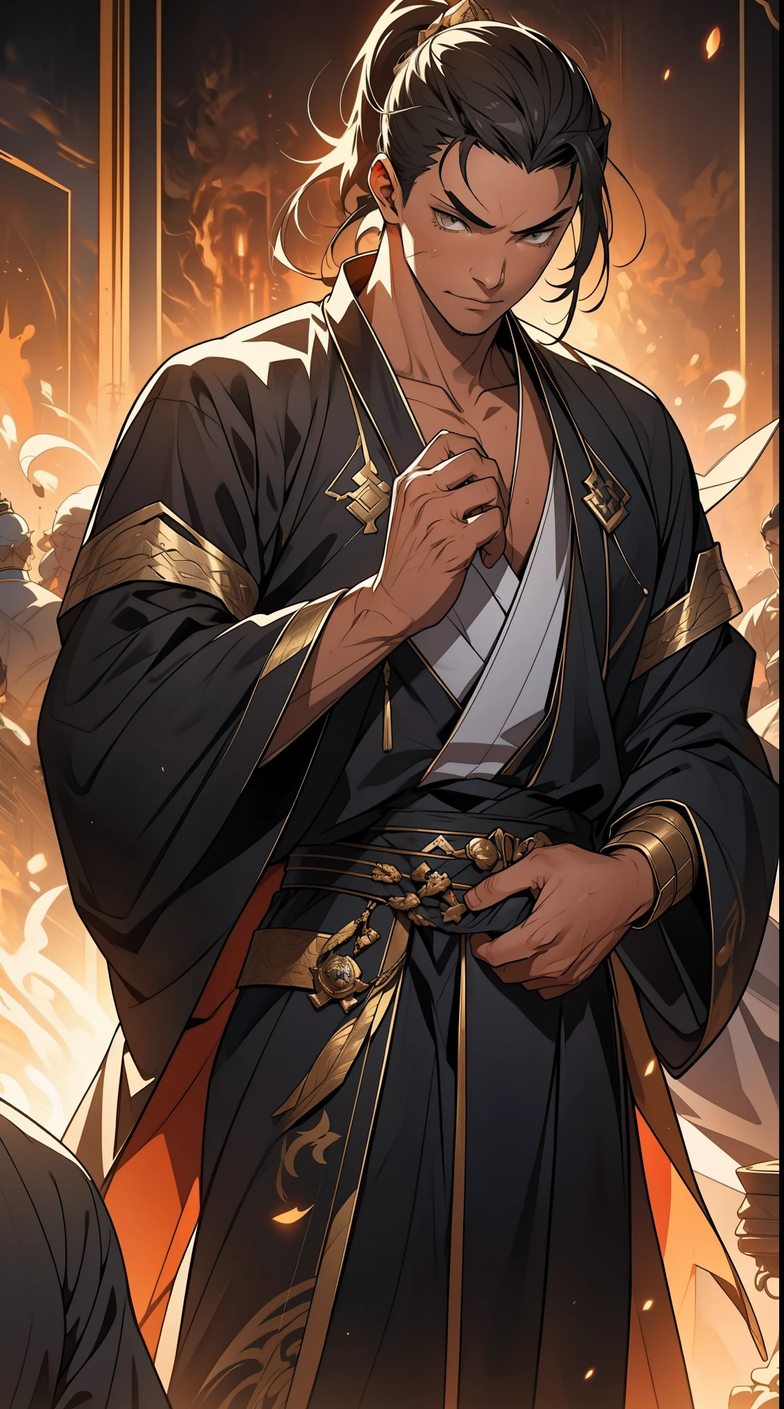 one person（male warrior），proportions are correct，facial details，swordsman，high ponytail hairstyle，neck detail，Have an Adam&#39;s apple，Black and gold robe，joke，Black and gold robe，clothing details，Hand over，long sleeves，Game quality，fencing，Ray tracing，Ray tracing，Detailed glow，CG rendering，hair details，Long black and blond hair，Black-gold eyes，Handsome，Handsome，（Youthful feeling），Costumes are complicated，Perfect composition，refine，high quality，higher details，many details，Complex background，a sense of atmosphere，