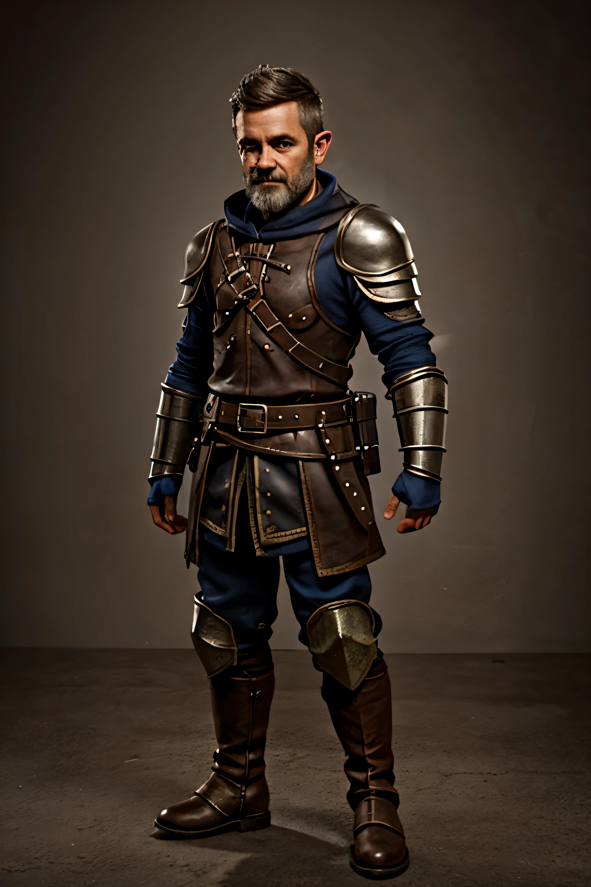 short skinny male, gnome adventurer,middle aged, leather armor, thief illusionist